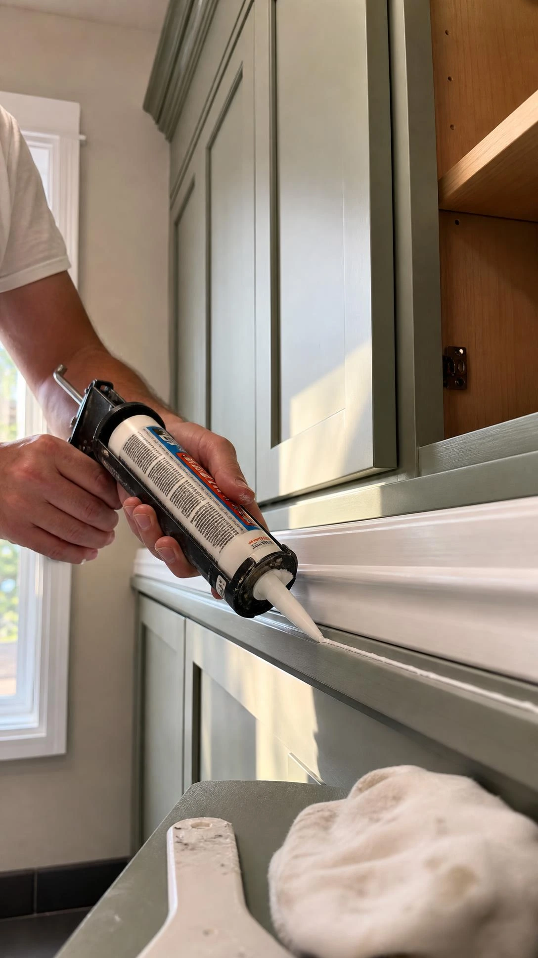 Hands applying a precise white caulk bead along the gap between trim molding and a sage green cabinet frame during a kitchen cabinet makeover