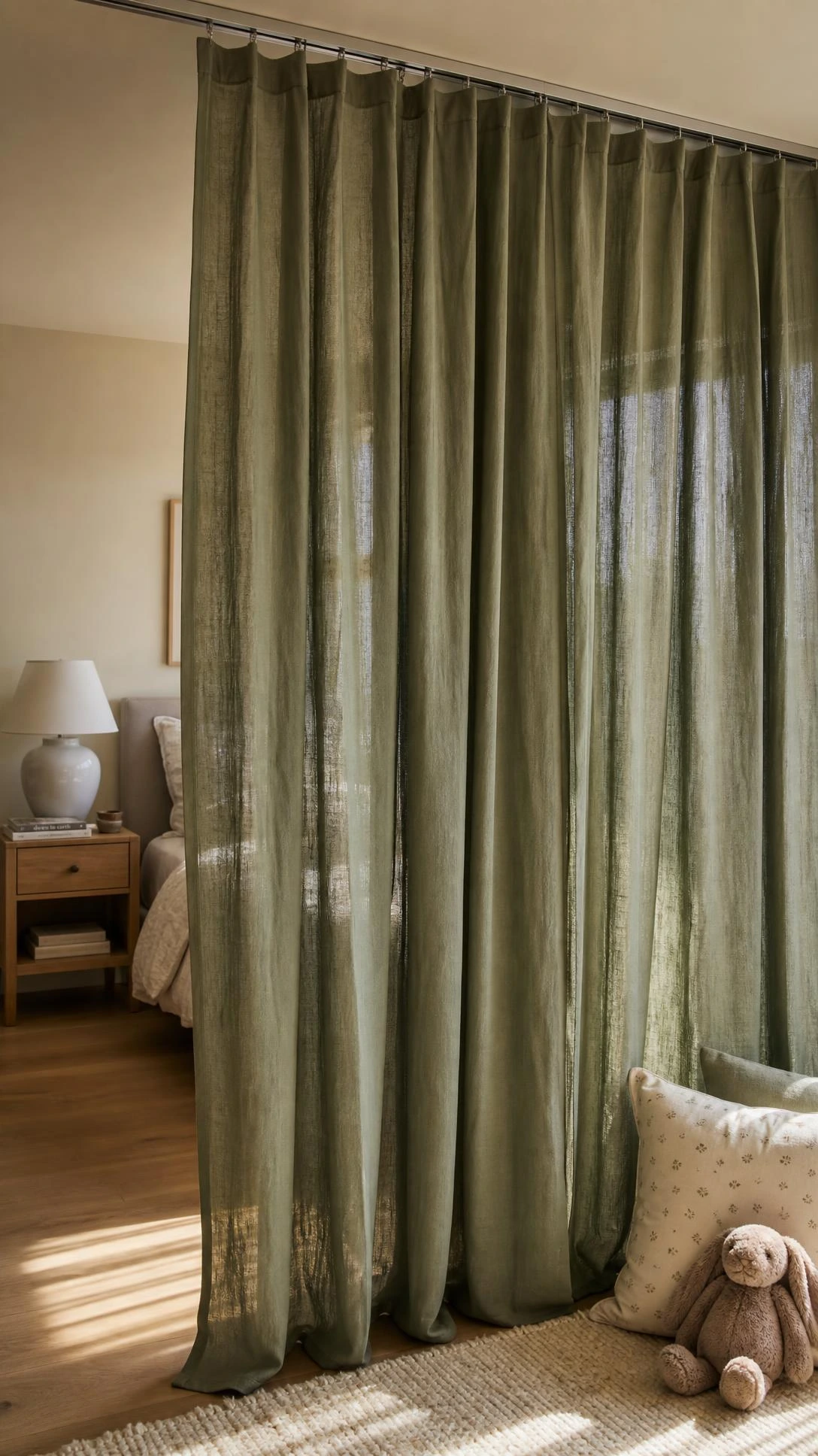 Brushed nickel ceiling-mounted curtain track with floor-to-ceiling sage linen panels dividing a shared bedroom — an elegant room divider solution for parent-child spaces