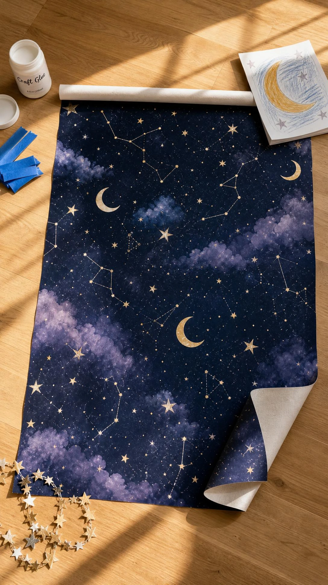 Whimsical ceiling wallpaper with hand-illustrated constellations, crescent moons, and watercolor stars in navy and lavender — an affordable kids room accent idea