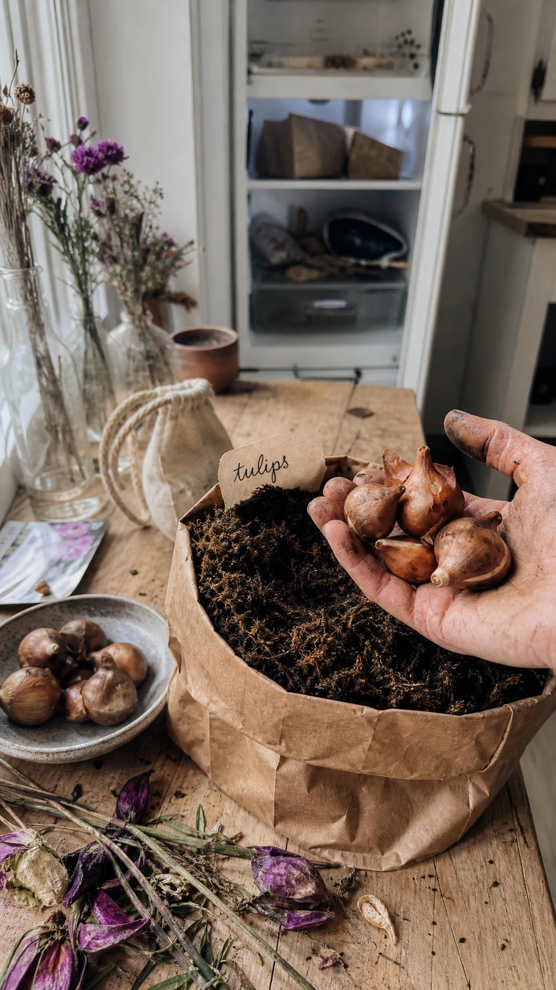 Tulip bulbs nestled into a paper bag of damp peat moss on a weathered oak bench, with a refrigerator door visible in the background for chilling