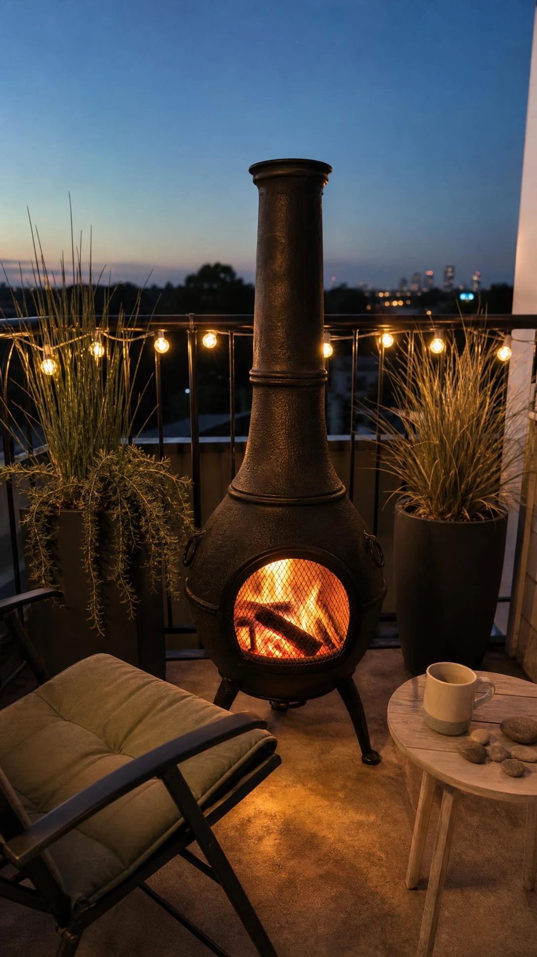 Cast iron chiminea glowing with a small fire on a compact apartment balcony, showing how a vertical heat source transforms tight outdoor spaces into cozy evening retreats