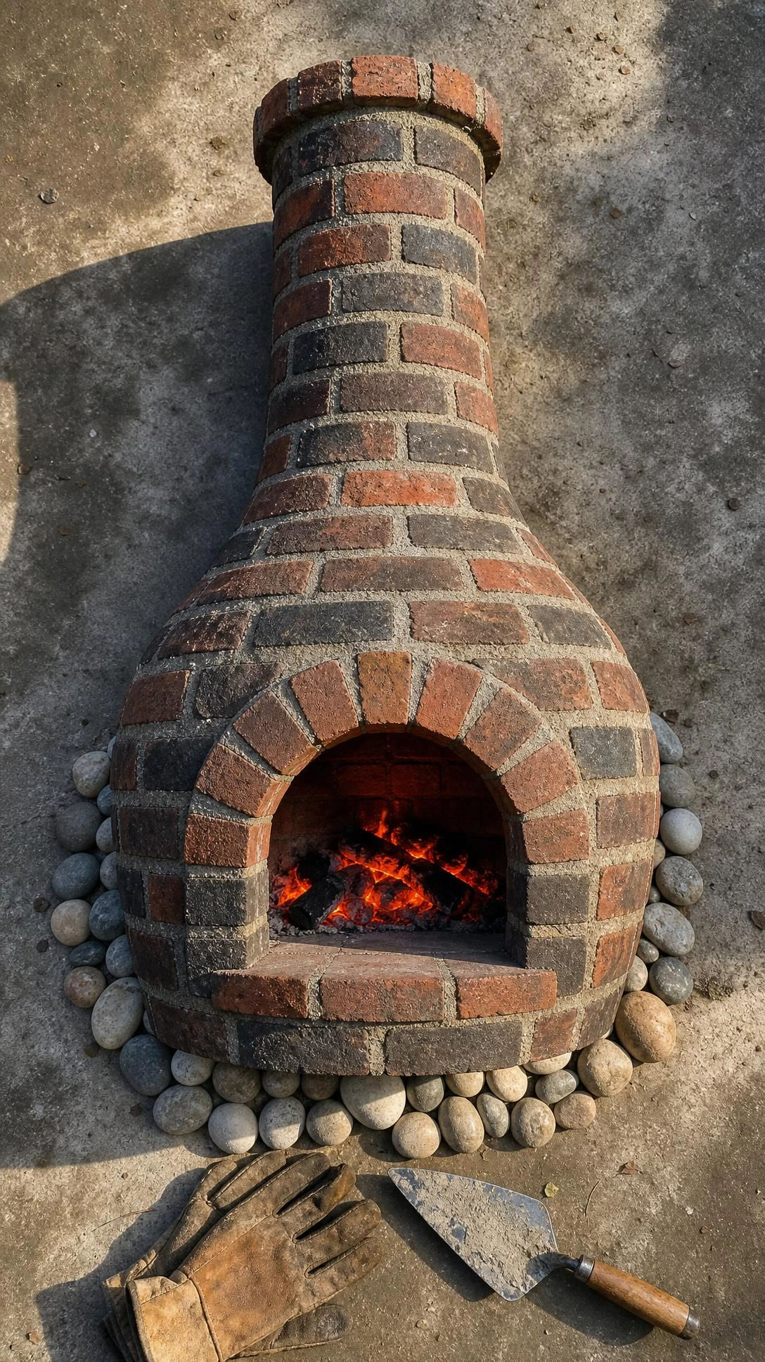 Overhead flat lay of a DIY chiminea-style outdoor fireplace built from stacked brick, showing the tapered chimney and rounded firebox silhouette on a weathered concrete patio