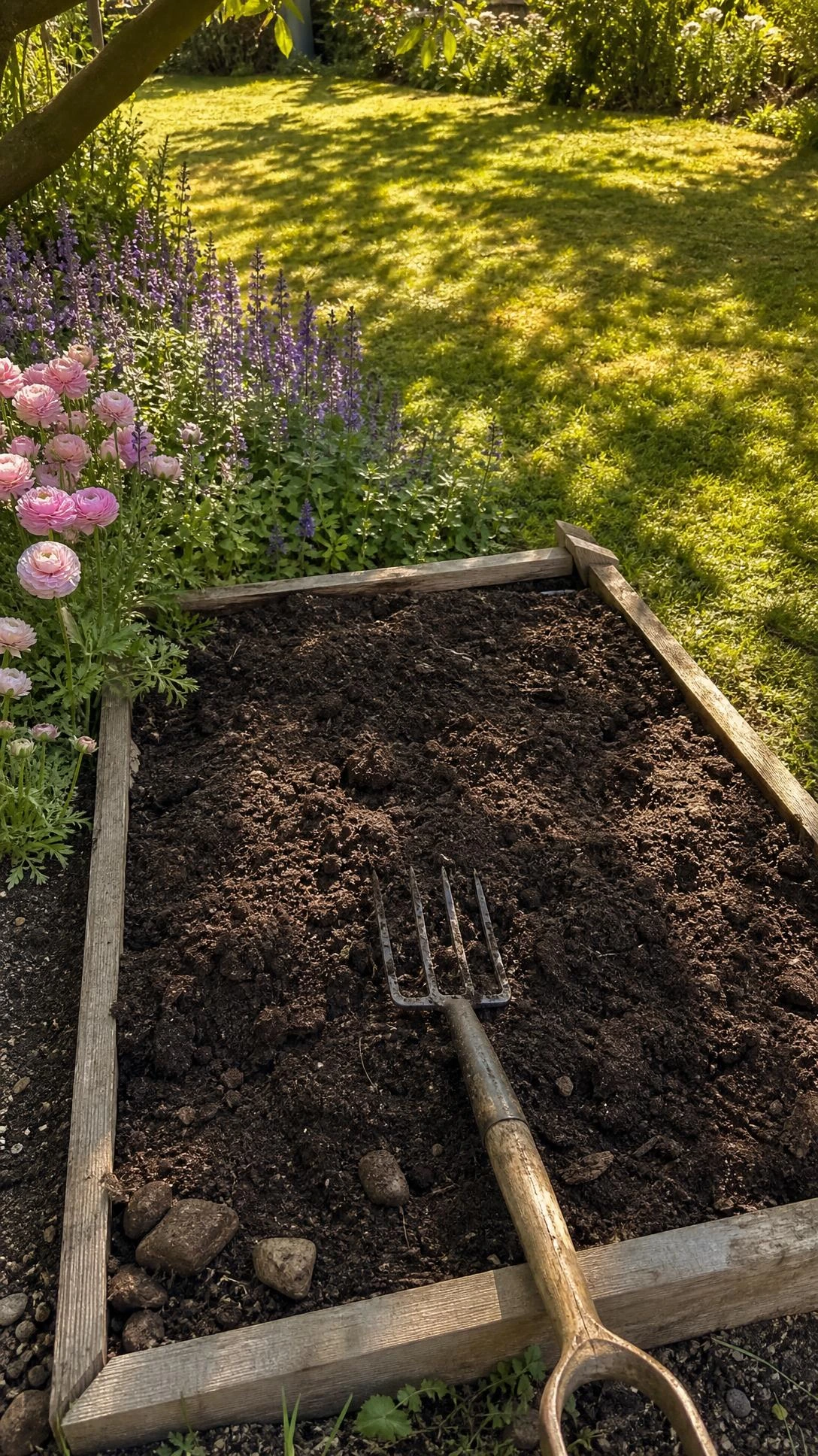Rectangular garden bed with dark fertile soil and low timber edging in a sun-drenched backyard, showing an ideal flower garden site with full sun exposure