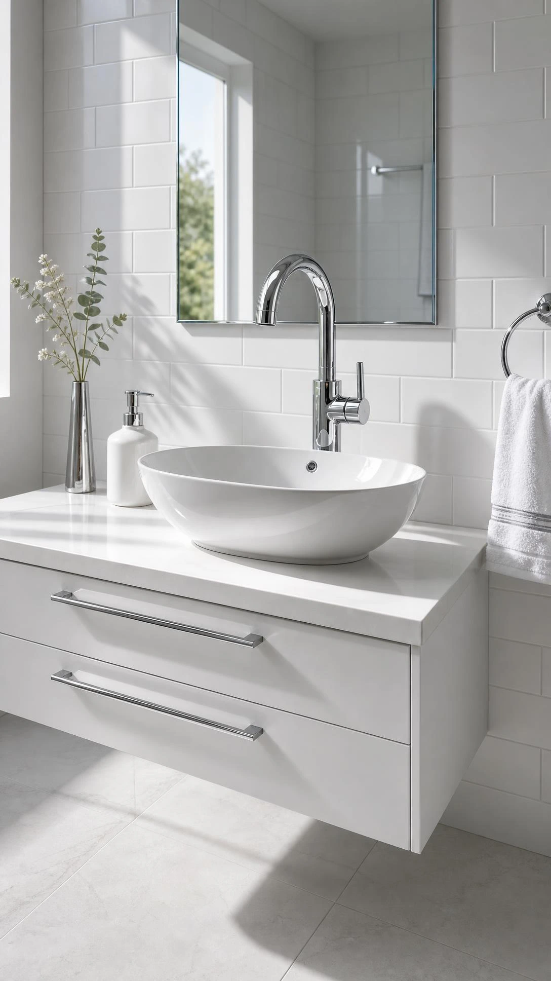 Polished chrome arch-neck faucet on a white ceramic vessel sink, the centerpiece of a minimalist floating vanity bathroom upgrade