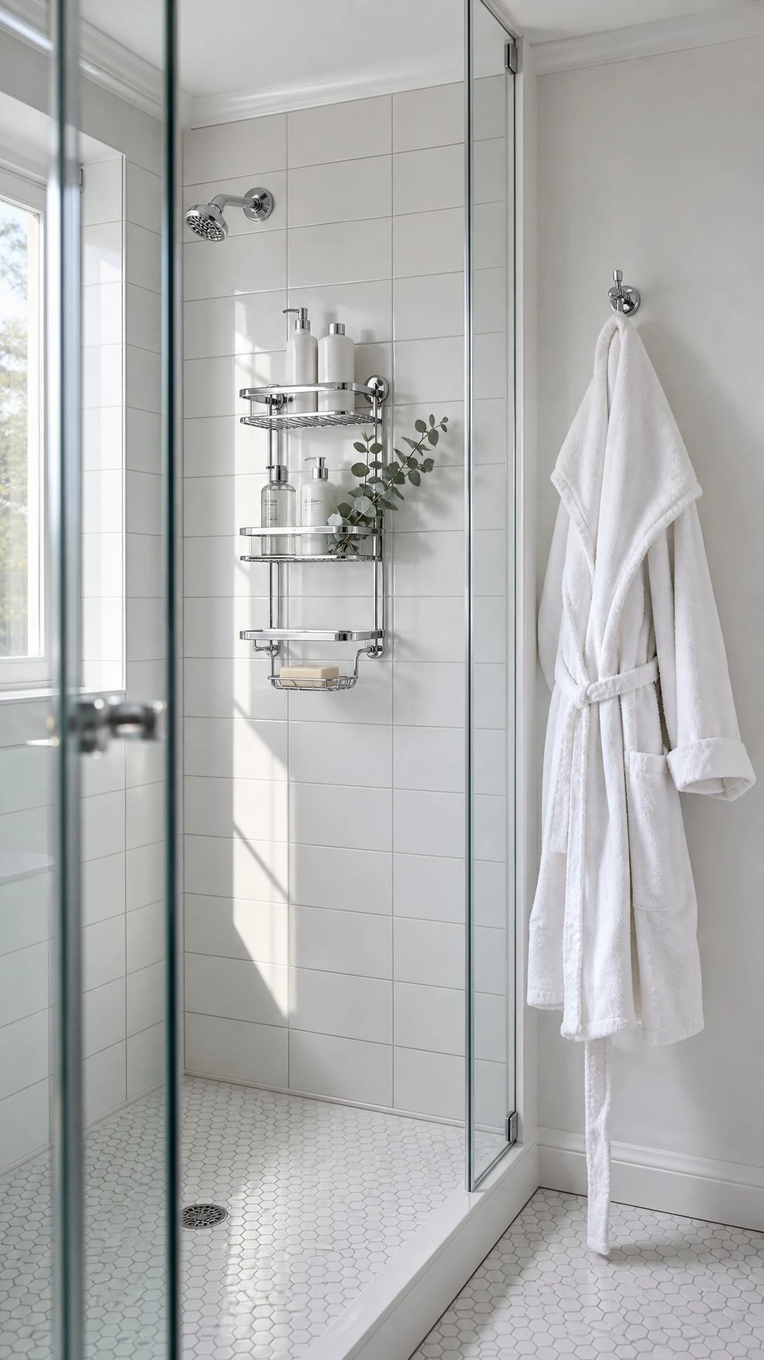Polished chrome shower caddy inside a white tiled walk-in shower, paired with a matching chrome robe hook on the wall outside — a cohesive chrome bathroom decor pairing