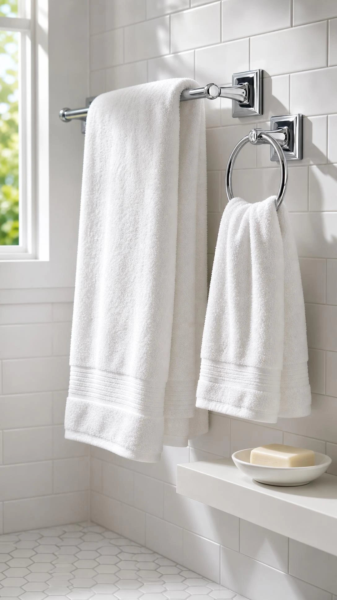 Polished chrome towel bar and matching ring set mounted on white subway tile wall, showcasing mirror-finish hardware for a modern bathroom