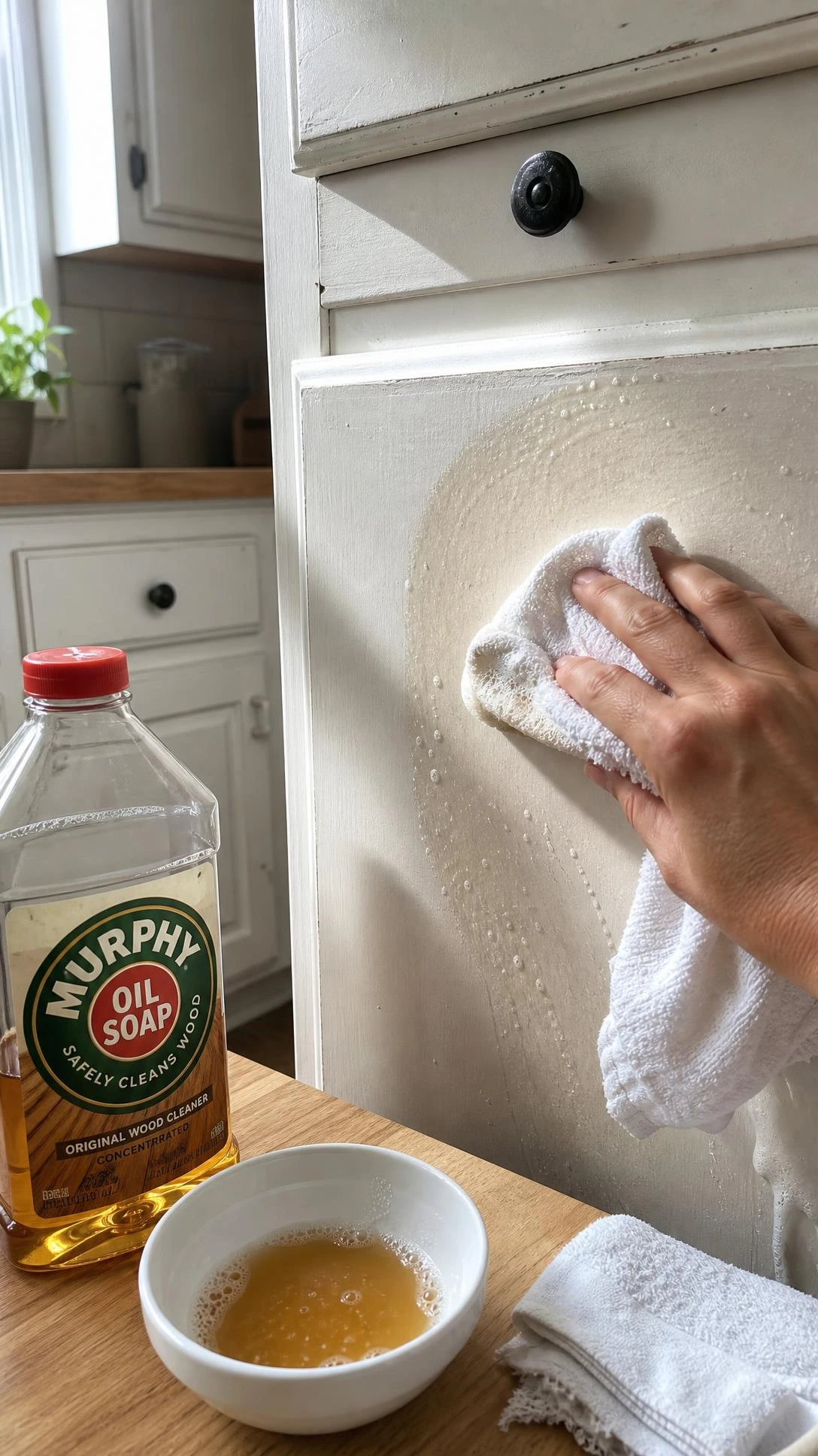 Bare hand wiping worn white painted cabinet door with damp cloth and Murphy's Oil Soap suds during old kitchen cabinet makeover prep