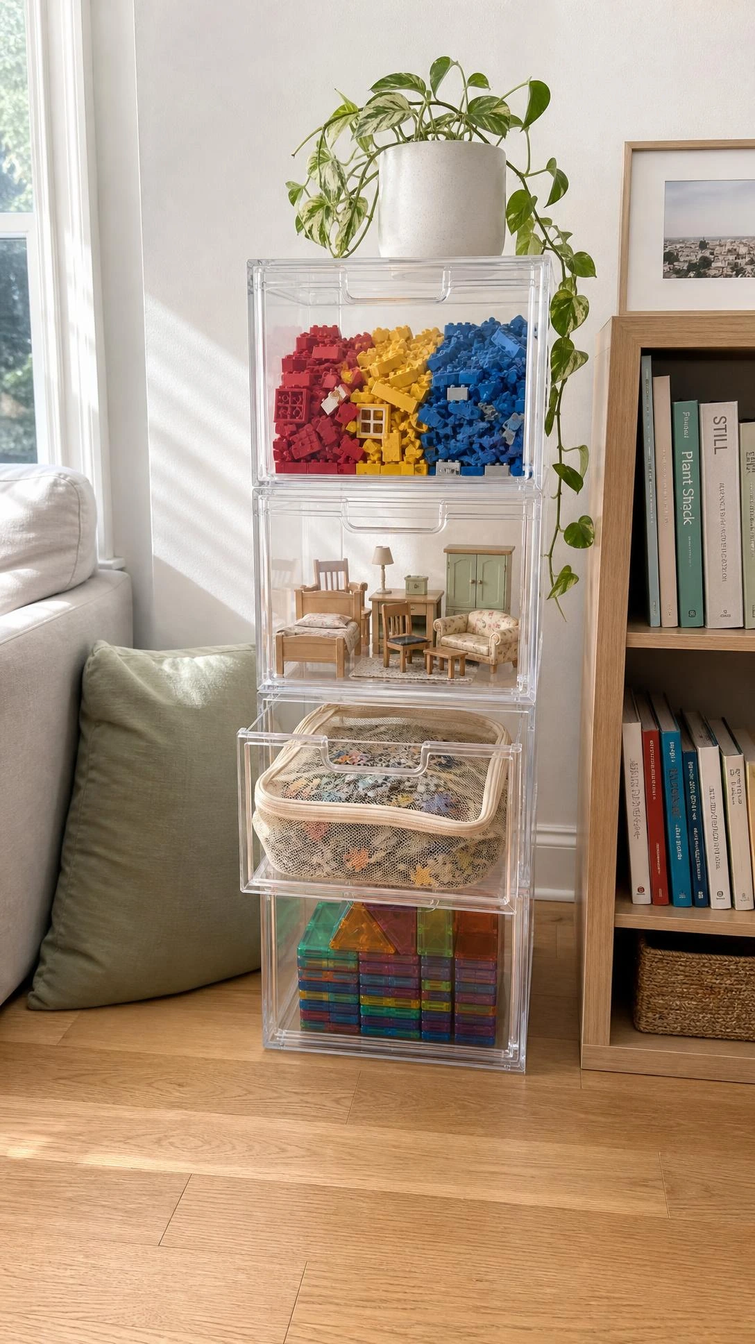 Tall clear acrylic drawer unit in a living room corner organizing small toy sets by type — LEGO bricks sorted by color, dollhouse furniture, and puzzle pieces visible through each pull-out compartment