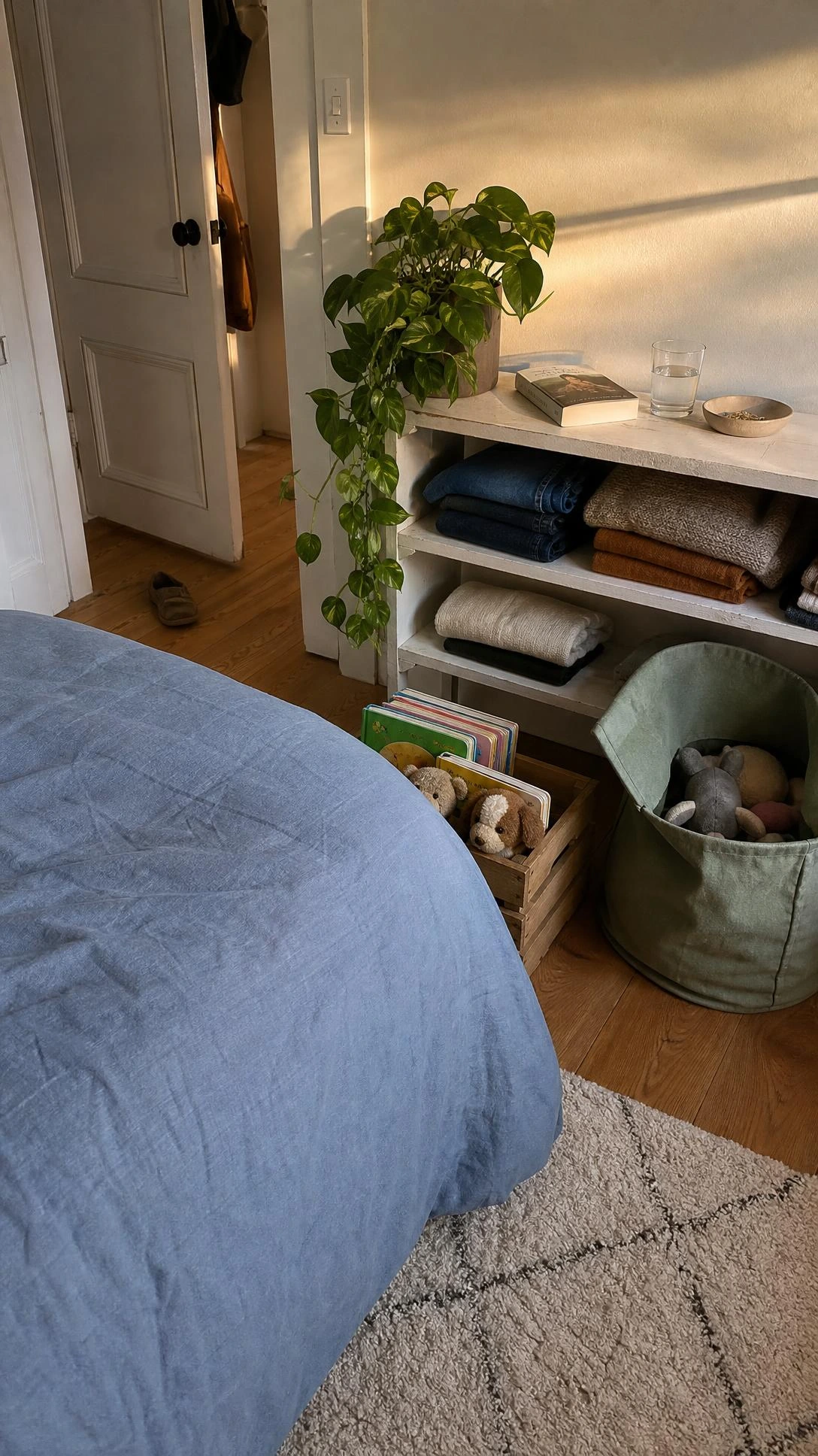 Parent tucking colorful toys into a wooden crate beside a neatly made dusty blue linen bed, showing a calming shared bedroom tidy routine that protects adult sanity