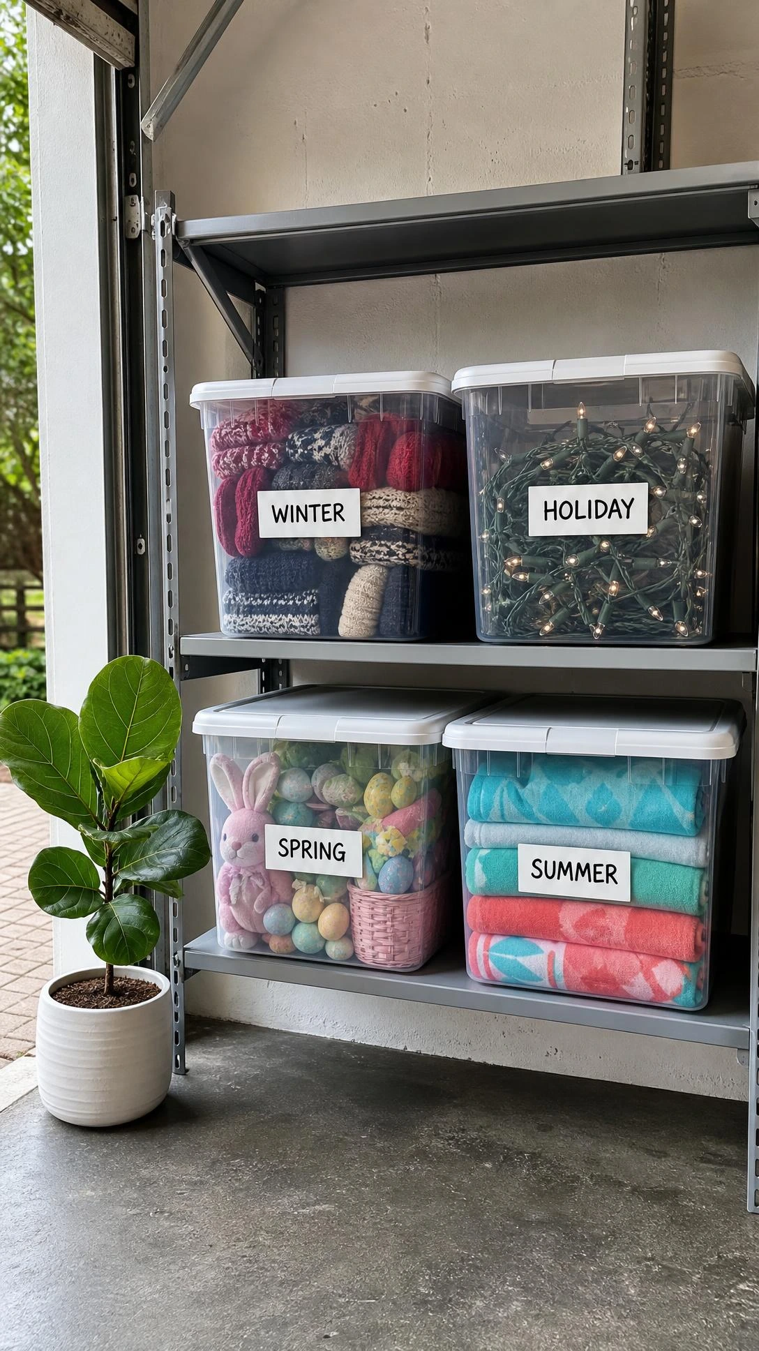 Metal shelving unit in small garage holding clear labeled bins packed with folded winter scarves and mittens for easy seasonal storage