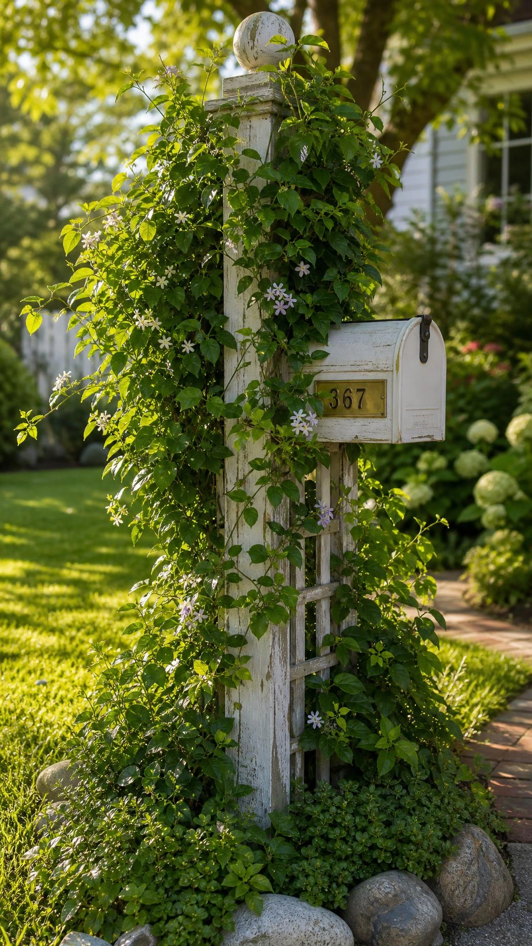 Weathered whitewashed wooden mailbox post covered in lush climbing vines with emerald and delicate leaves, a living curb appeal feature in a sun-drenched front yard