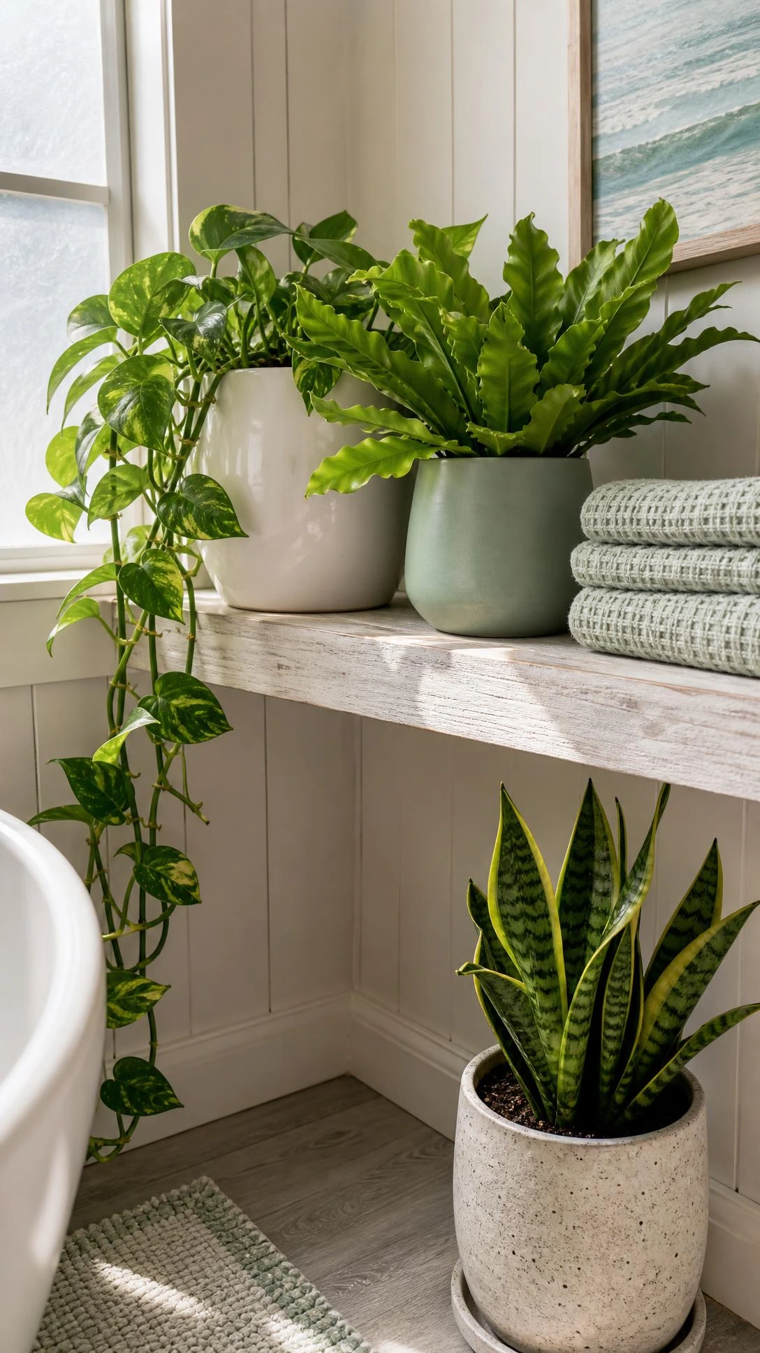 Bathroom-safe coastal plants on a whitewashed floating shelf, including trailing pothos in a glossy white pot, styled at varying heights in warm natural light