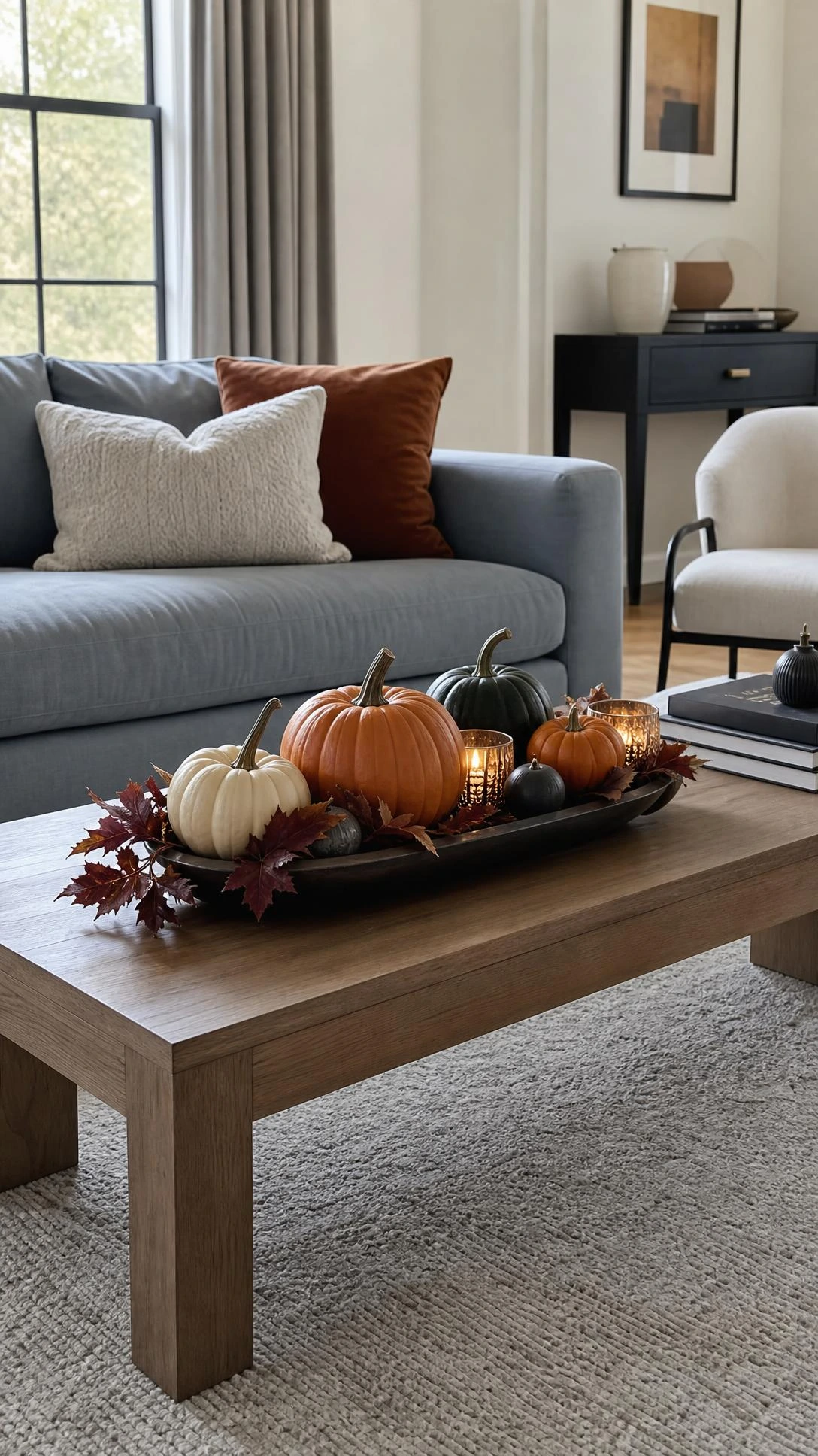 Contemporary living room with a coffee table pumpkin centerpiece on a walnut table, showing Halloween home decor in a clean blue-gray space.
