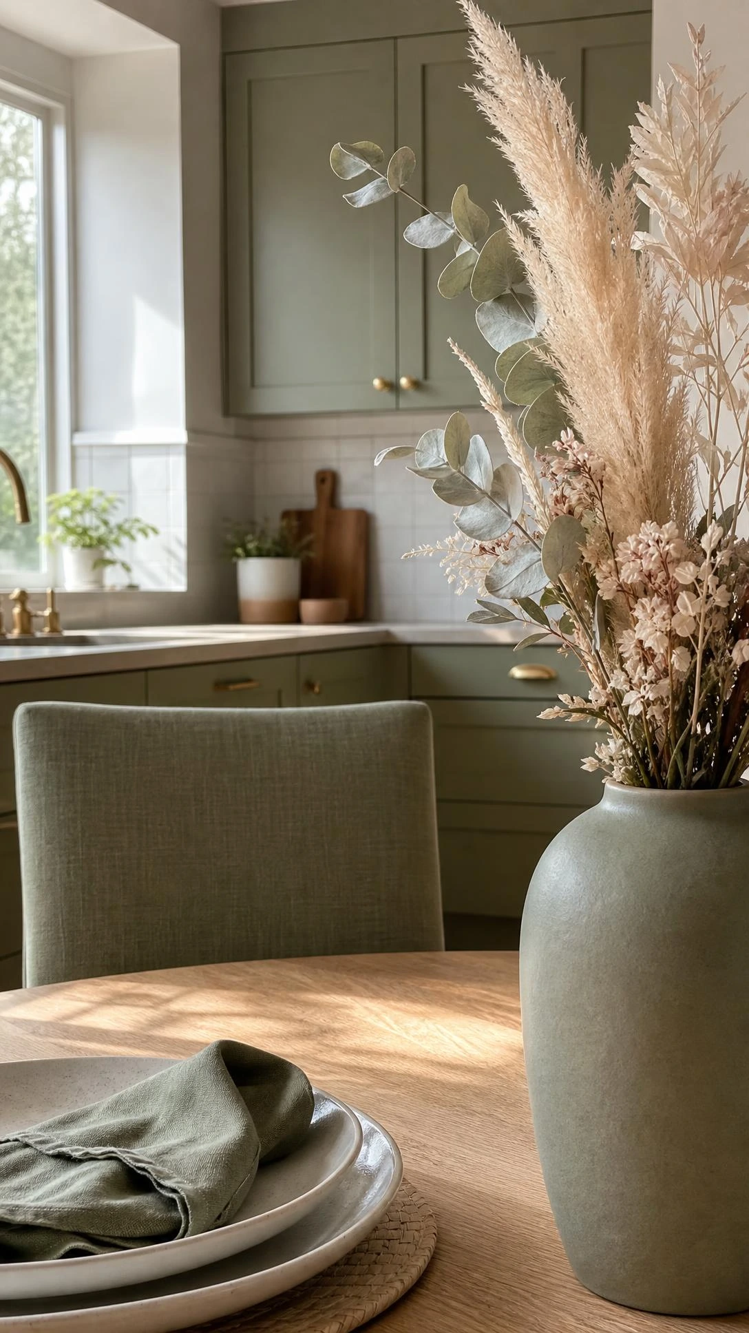 Muted sage green cabinetry flows seamlessly into the dining room, demonstrating a cohesive color palette that visually unites an open kitchen dining room.