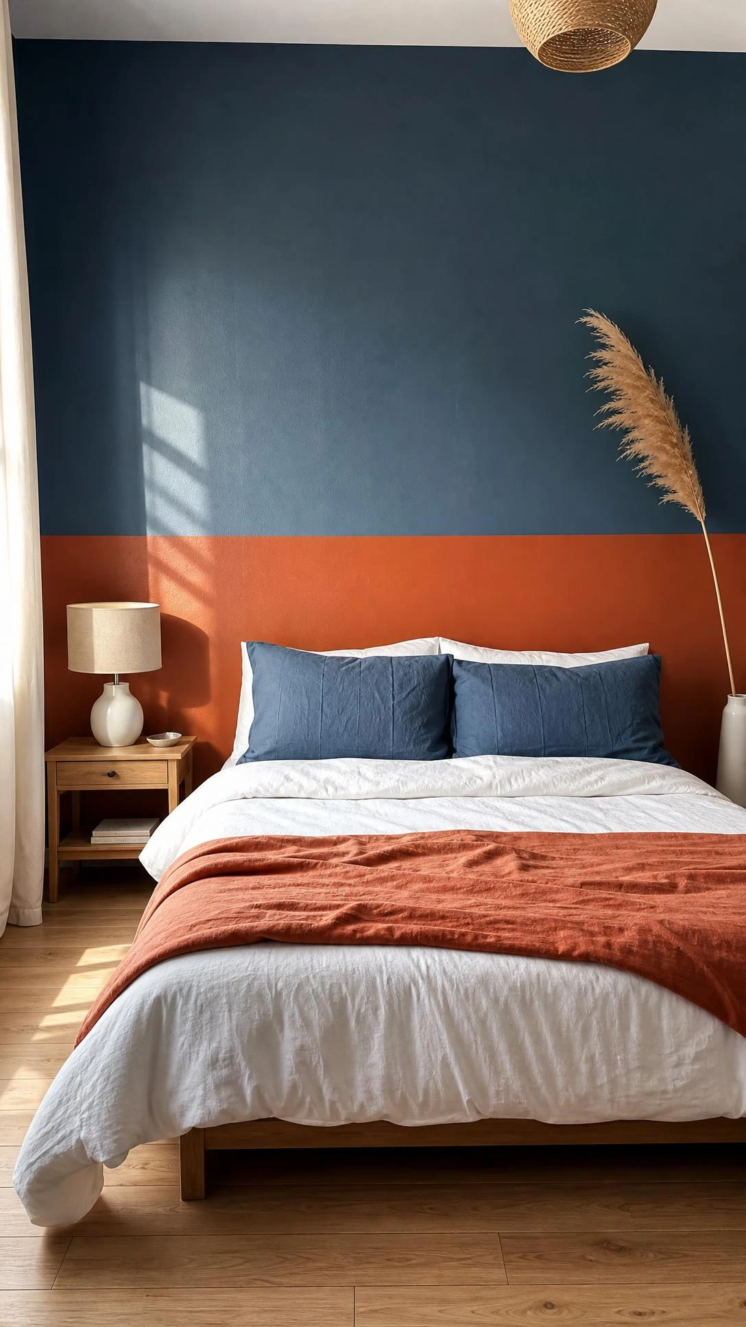 Color blocked feature wall with dusty blue upper half and terracotta lower half, divided by a sharp painted edge behind a styled bed