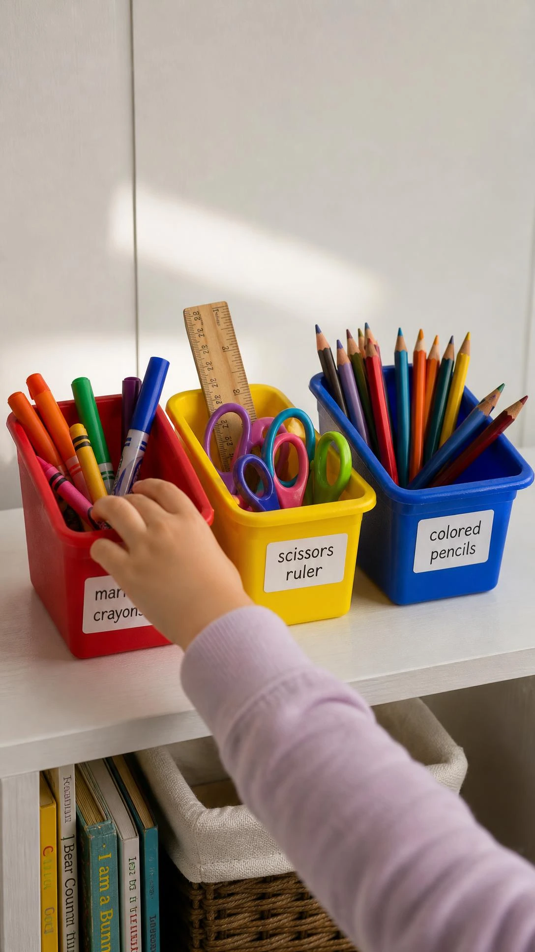 Three color-coded supply bins on a low wooden shelf — red for crayons, yellow for markers, blue for colored pencils — making kids learning corner organization effortless and self-directed