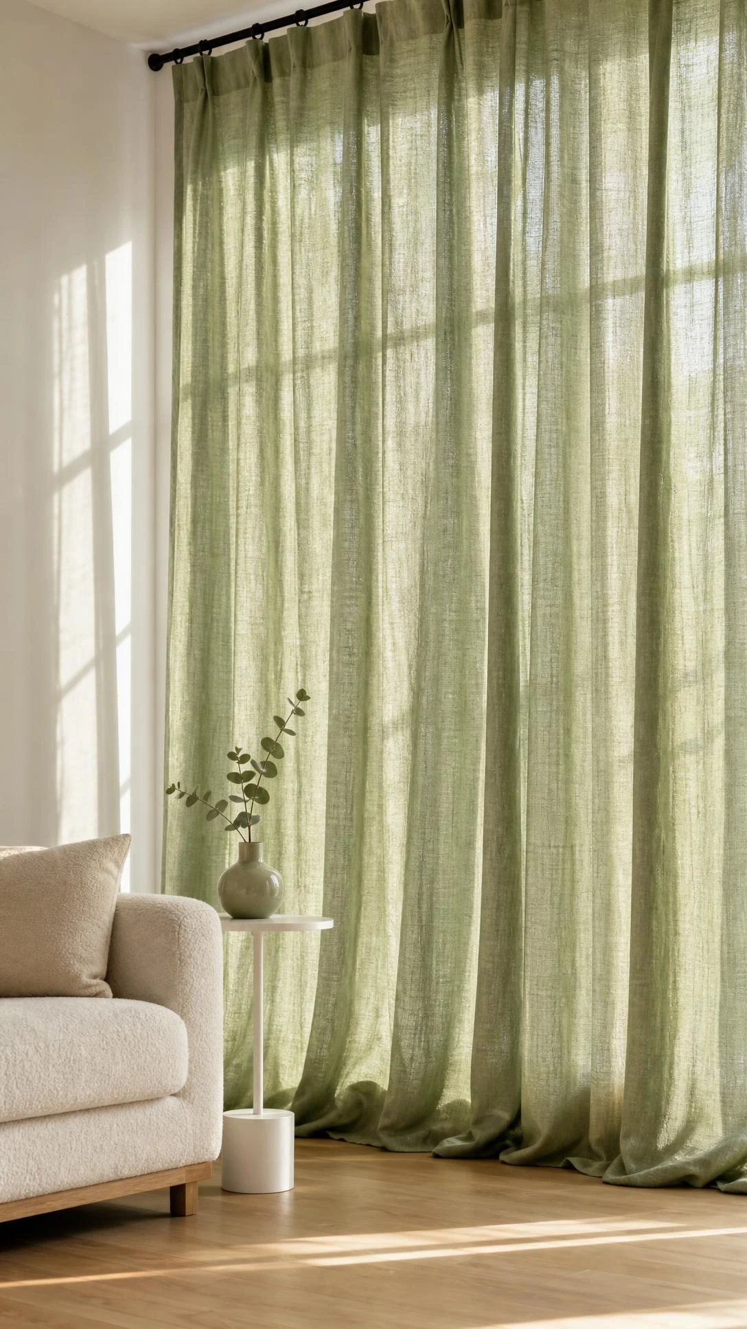 Dusty sage green linen curtains hanging floor-to-ceiling from matte black rods in a bright minimalist living room, proving color works without clutter