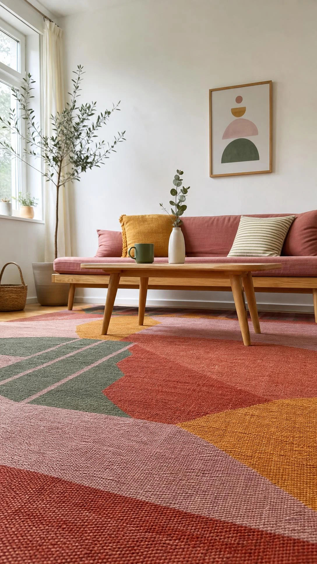 Bold geometric flat-weave rug in terracotta, mauve, mustard, and sage anchors a bright minimalist living room without overwhelming the clean, airy space