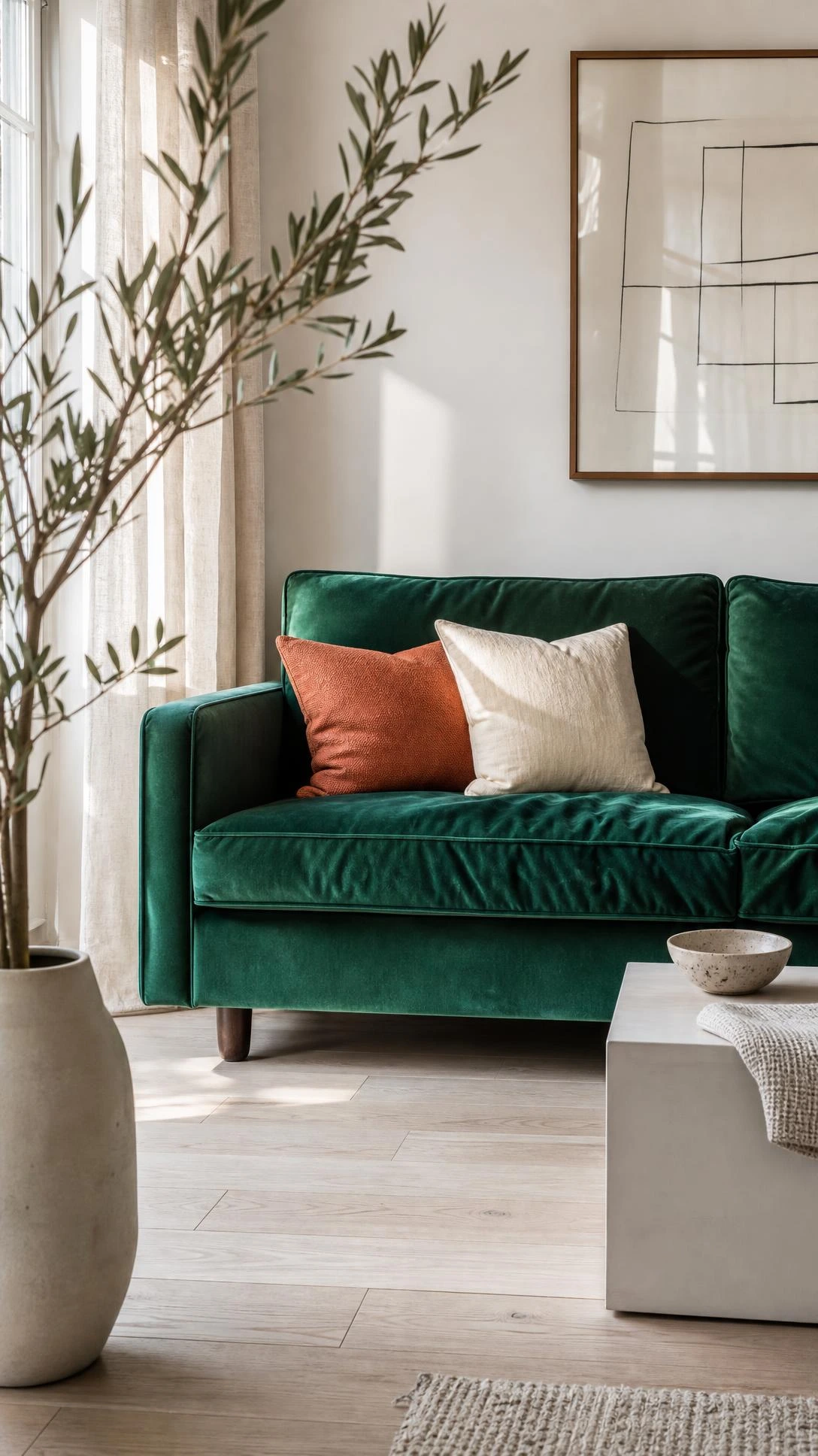 Emerald green velvet sofa styled with terracotta and ivory pillows against a white wall, showing how one bold colorful sofa anchors a minimalist living room