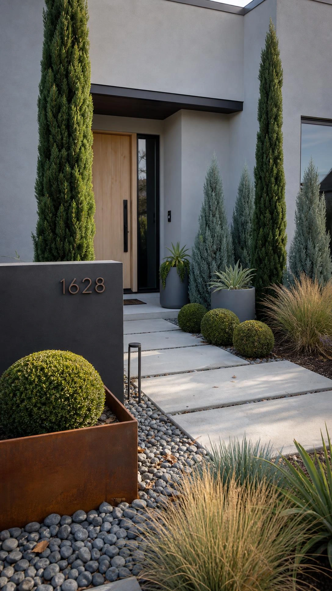 Modern landscape design at a contemporary front entry uses tall columnar evergreens and clipped boxwood spheres to frame a clean concrete walkway.
