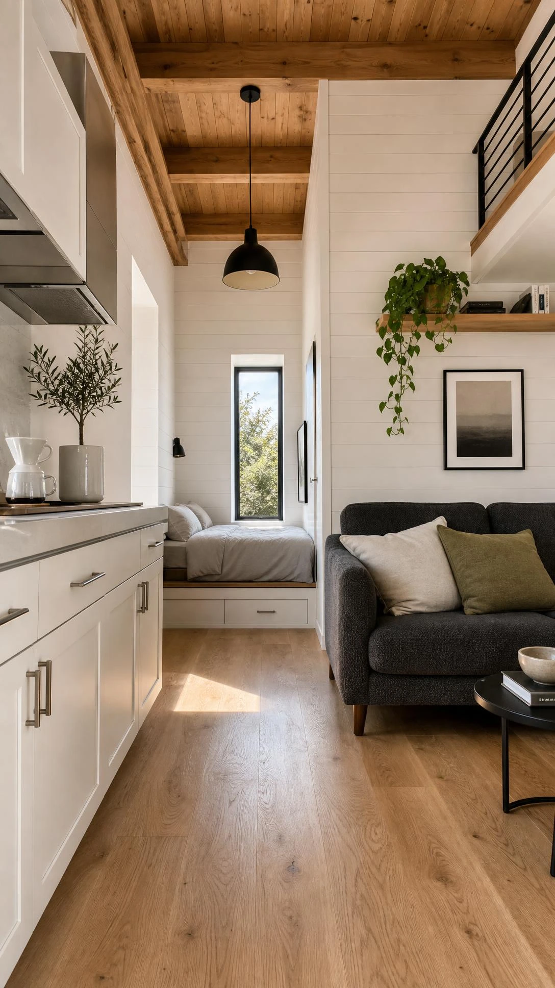 Compact studio-style home interior showing open-plan layout with clean modern lines, maximizing every square foot for couples in a first build