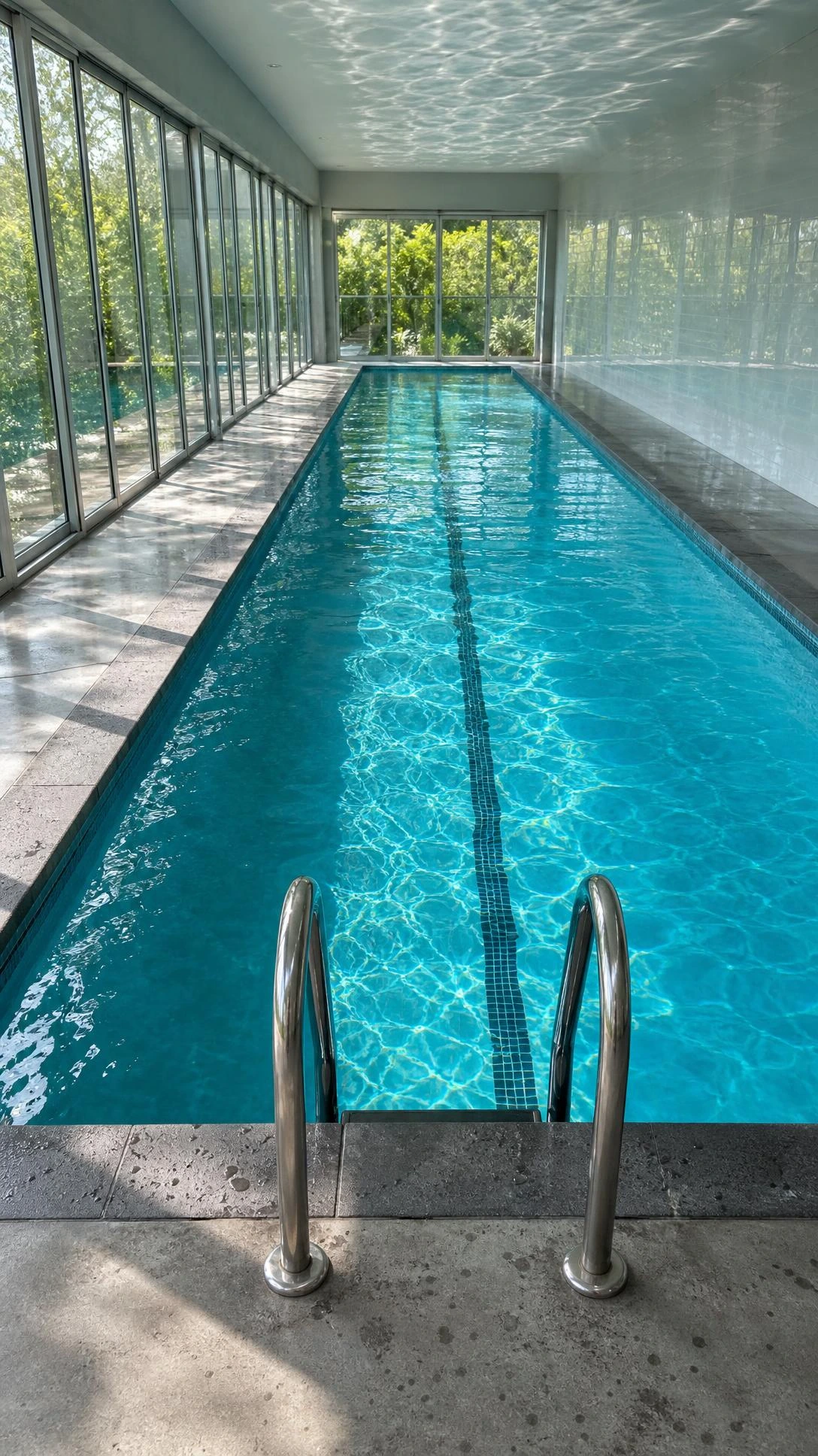 Completely enclosed indoor lap pool with luminous aqua-blue water, concrete coping edges, and light ripples casting shimmering reflections across the ceiling above