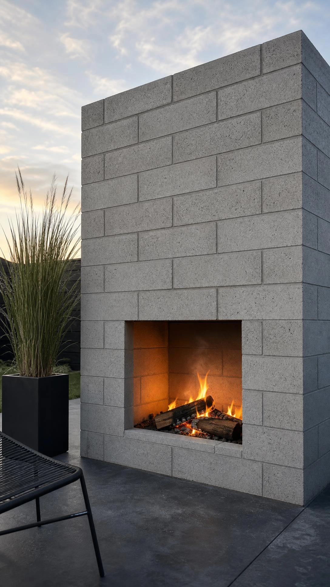 Sleek DIY concrete block outdoor fireplace with clean modern lines and architectural detail, proving budget builds can rival professional masonry