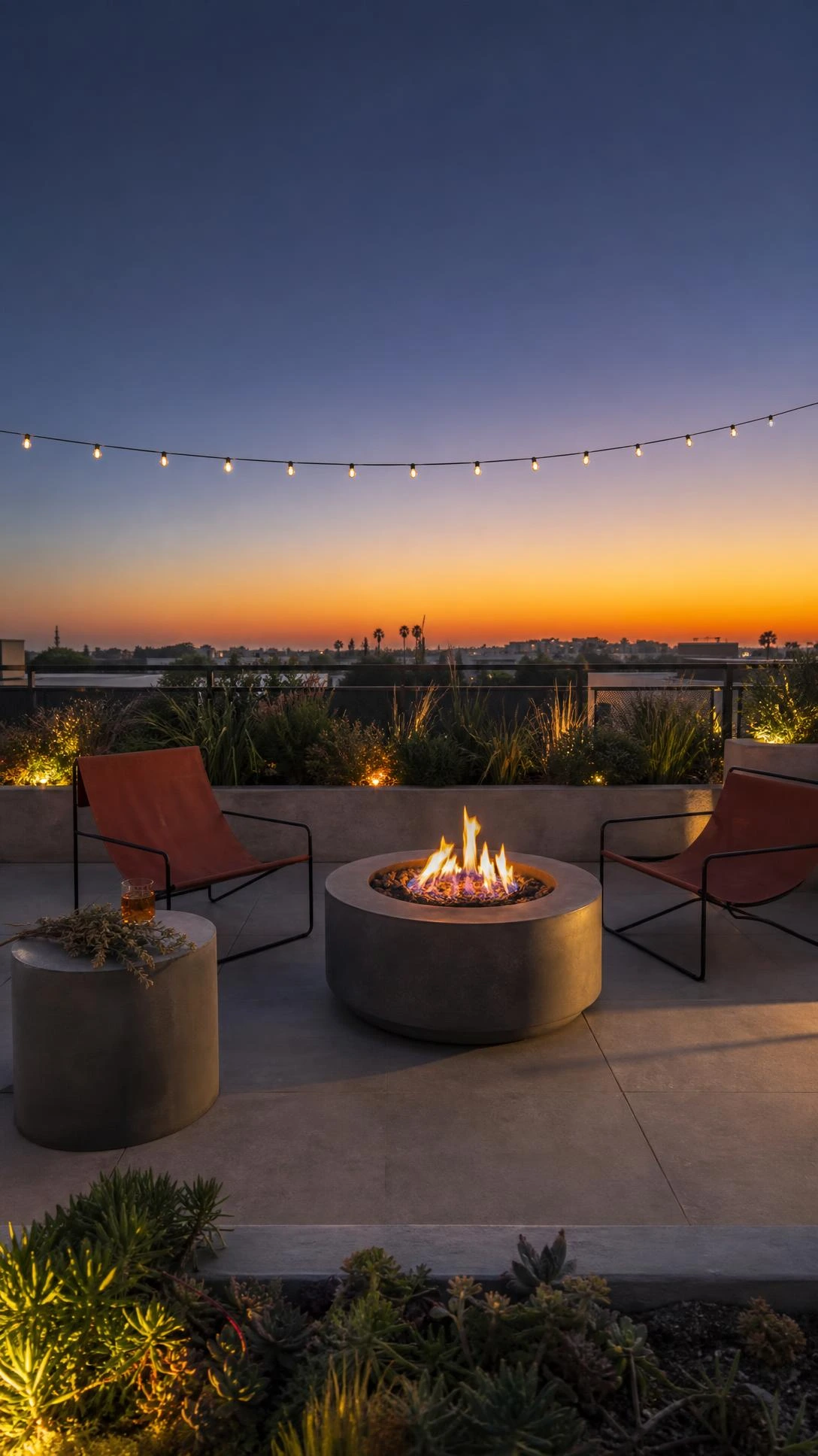 Modern rooftop terrace at golden hour centered on a sleek cylindrical concrete smokeless fire pit with clean blue-orange flames over matte stone pavers