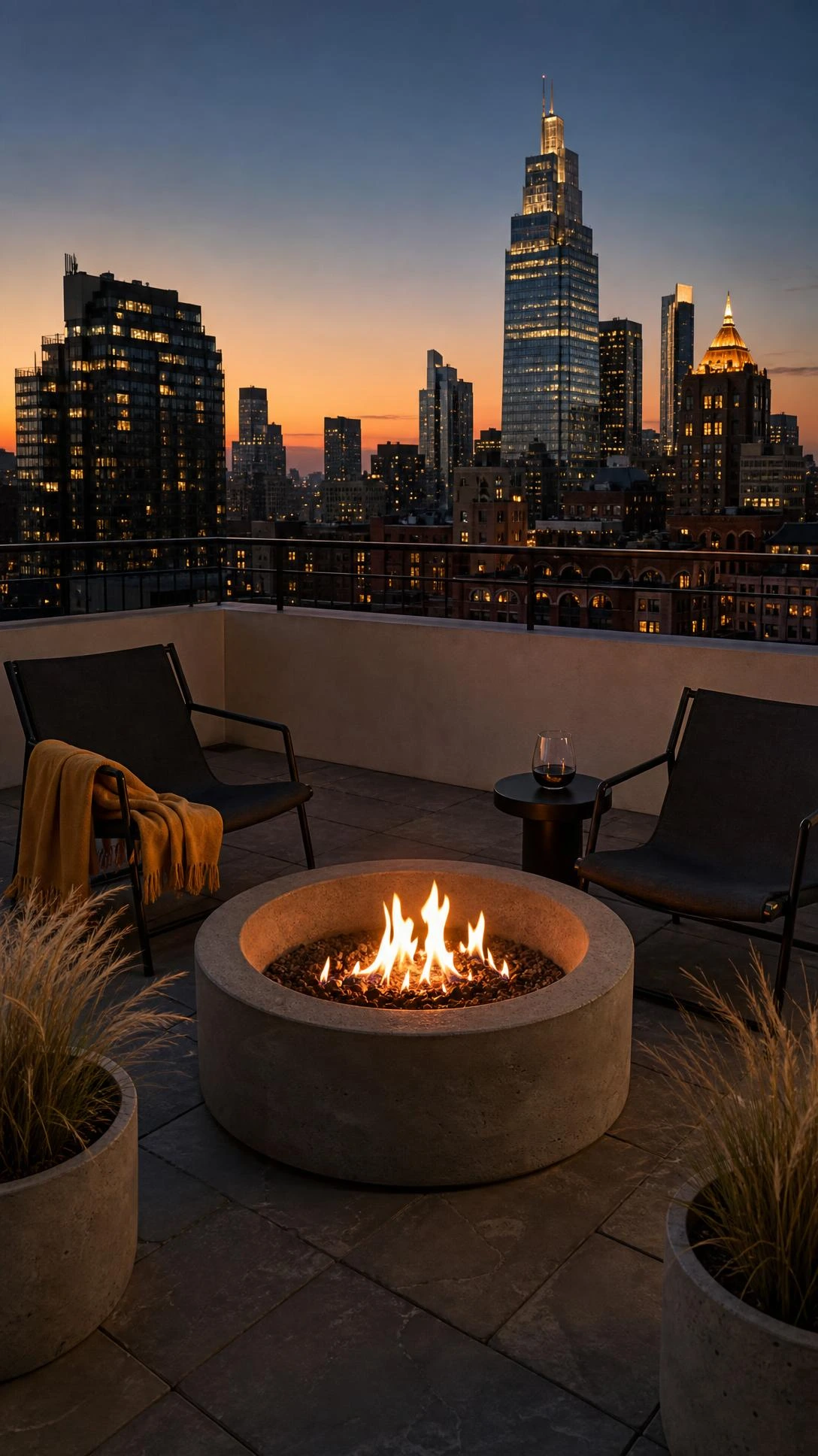 Low circular concrete firepit glowing with amber flame on a small rooftop terrace at golden hour, creating an intimate urban focal point