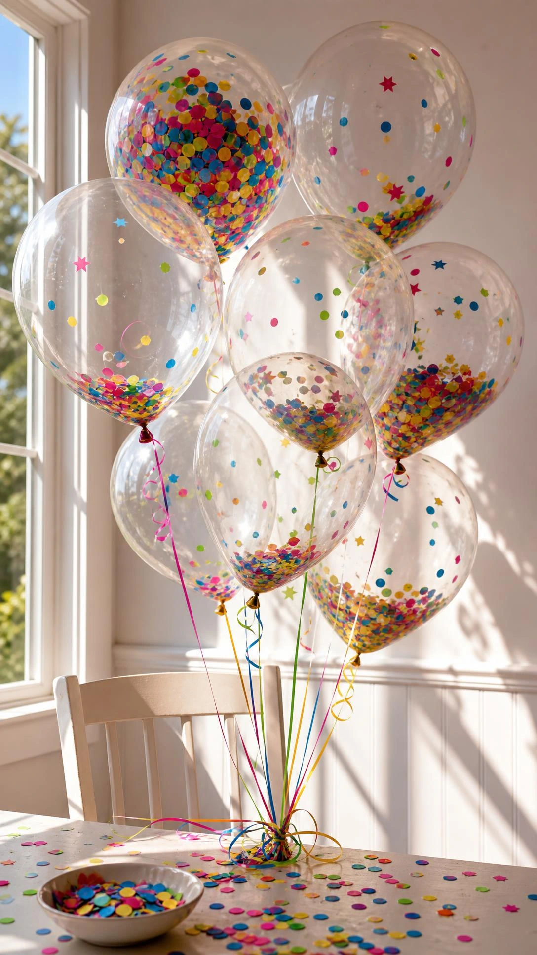 Cluster of clear latex balloons filled with rainbow confetti in magenta, blue, yellow, and lime green floating at varying heights above a kids' birthday party table — an easy DIY confetti balloon decoration parents can make the night before