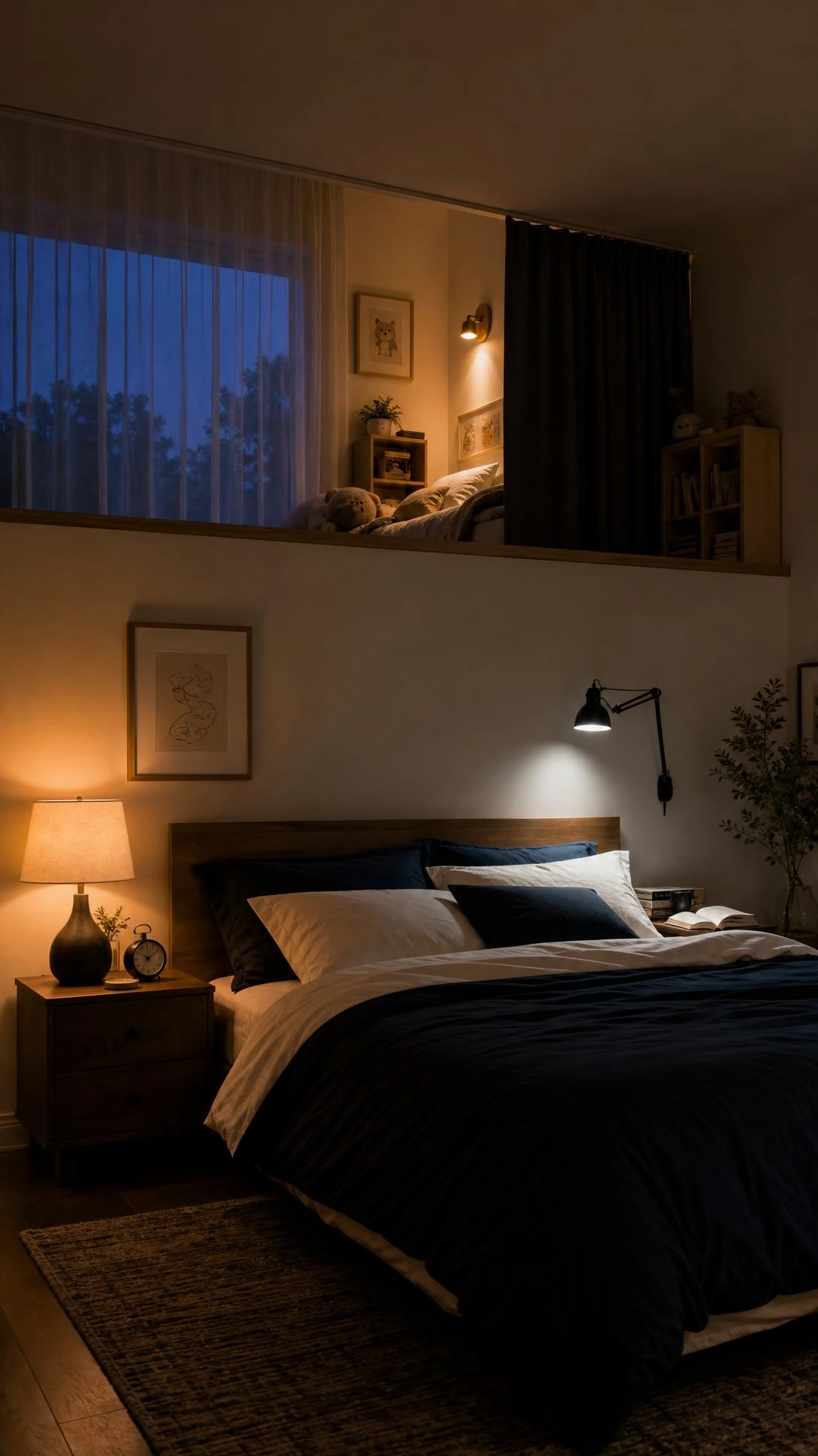 Shared bedroom with warm amber nightstand lamp glowing in adult sleep zone while soft overhead light brightens kids area, showing dual lighting zones in one room