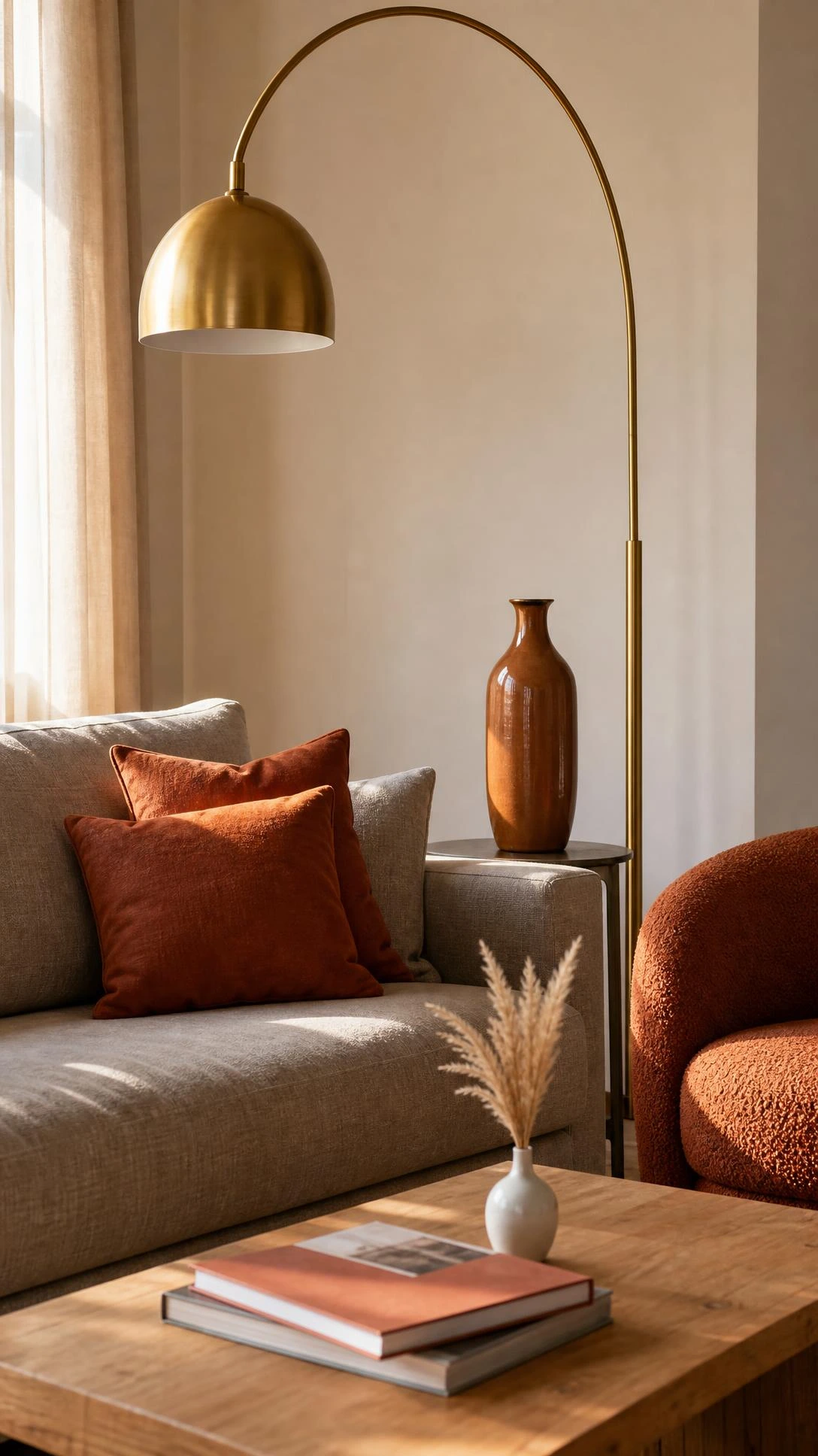 Stone-gray linen sofa styled with terracotta burnt sienna throw pillows and a matching boucle accent chair, showing how a contrasting accent color transforms a neutral living room