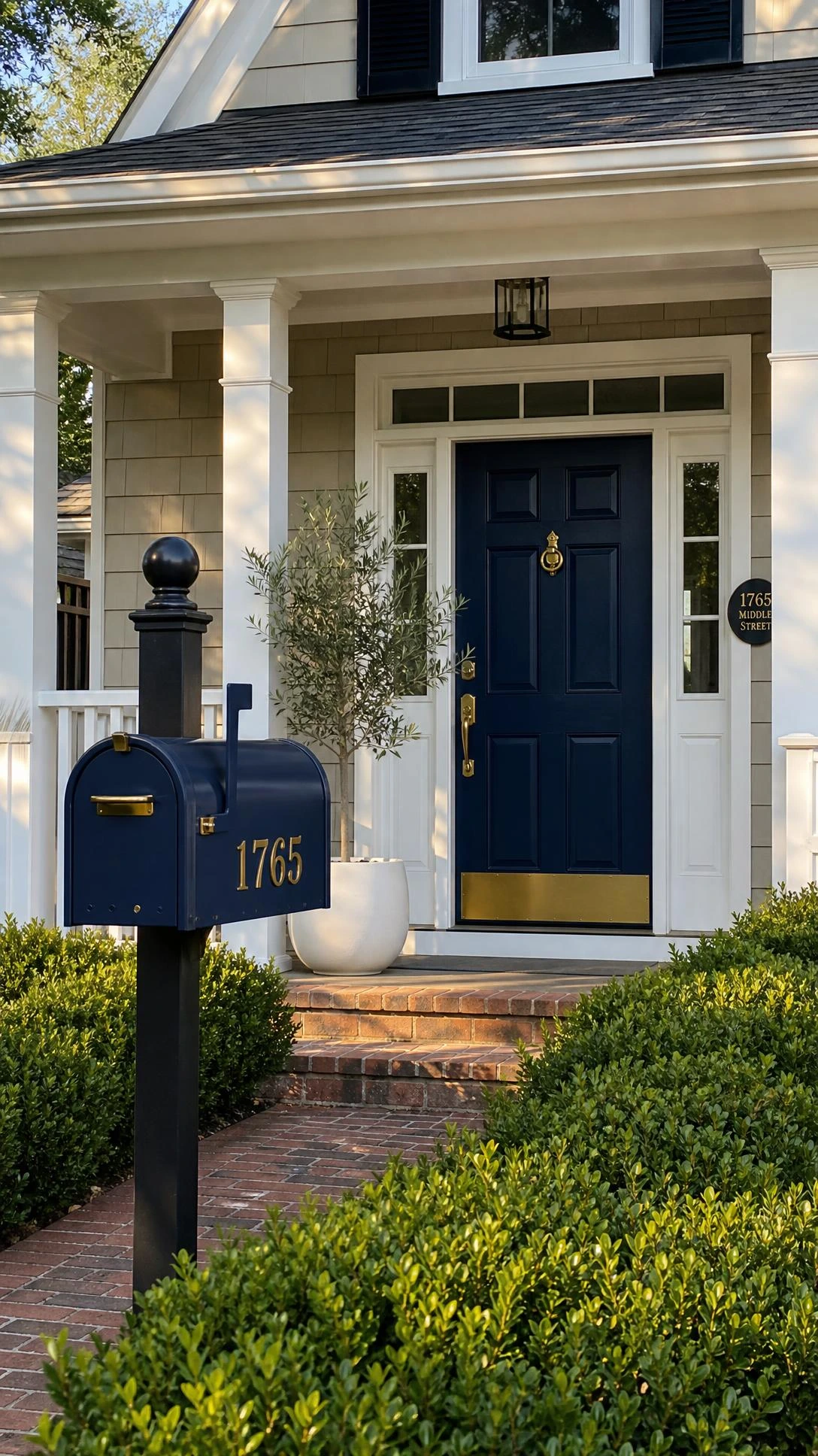 Navy blue mailbox with brass hardware beside a brick walkway, color-coordinated with the front door to boost curb appeal