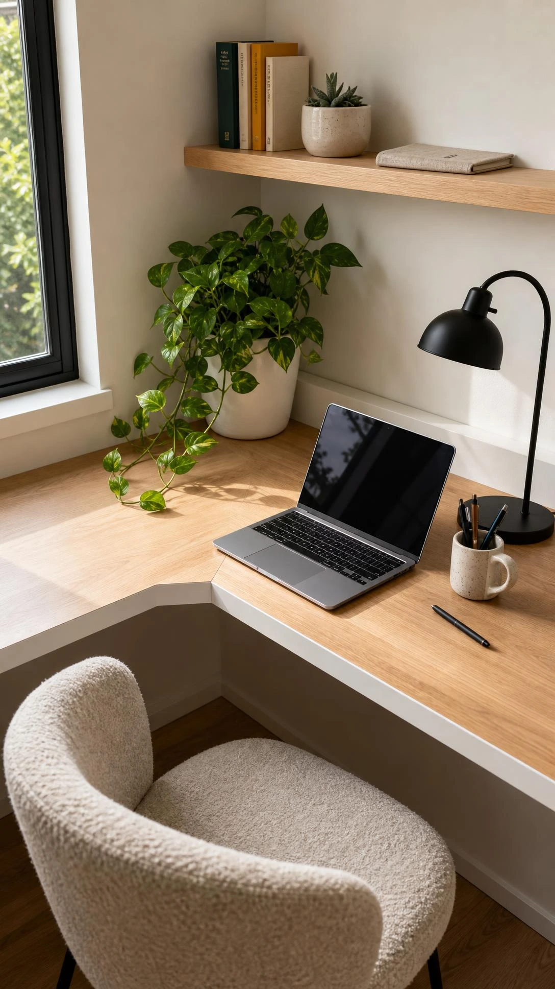 Compact L-shaped oak corner desk fitted snugly into apartment walls, turning an awkward angle into a fully functional work from home setup
