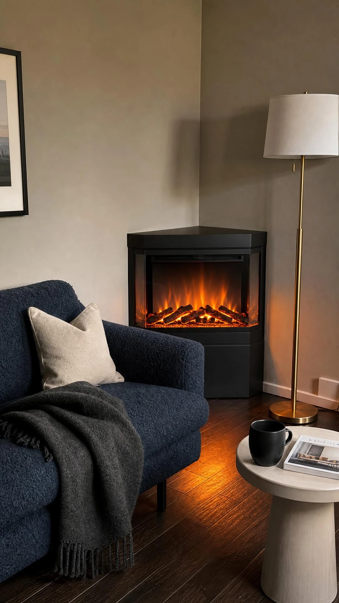 Corner electric fireplace with matte charcoal frame and glowing amber flames built into an angled living room corner, maximizing awkward unused space