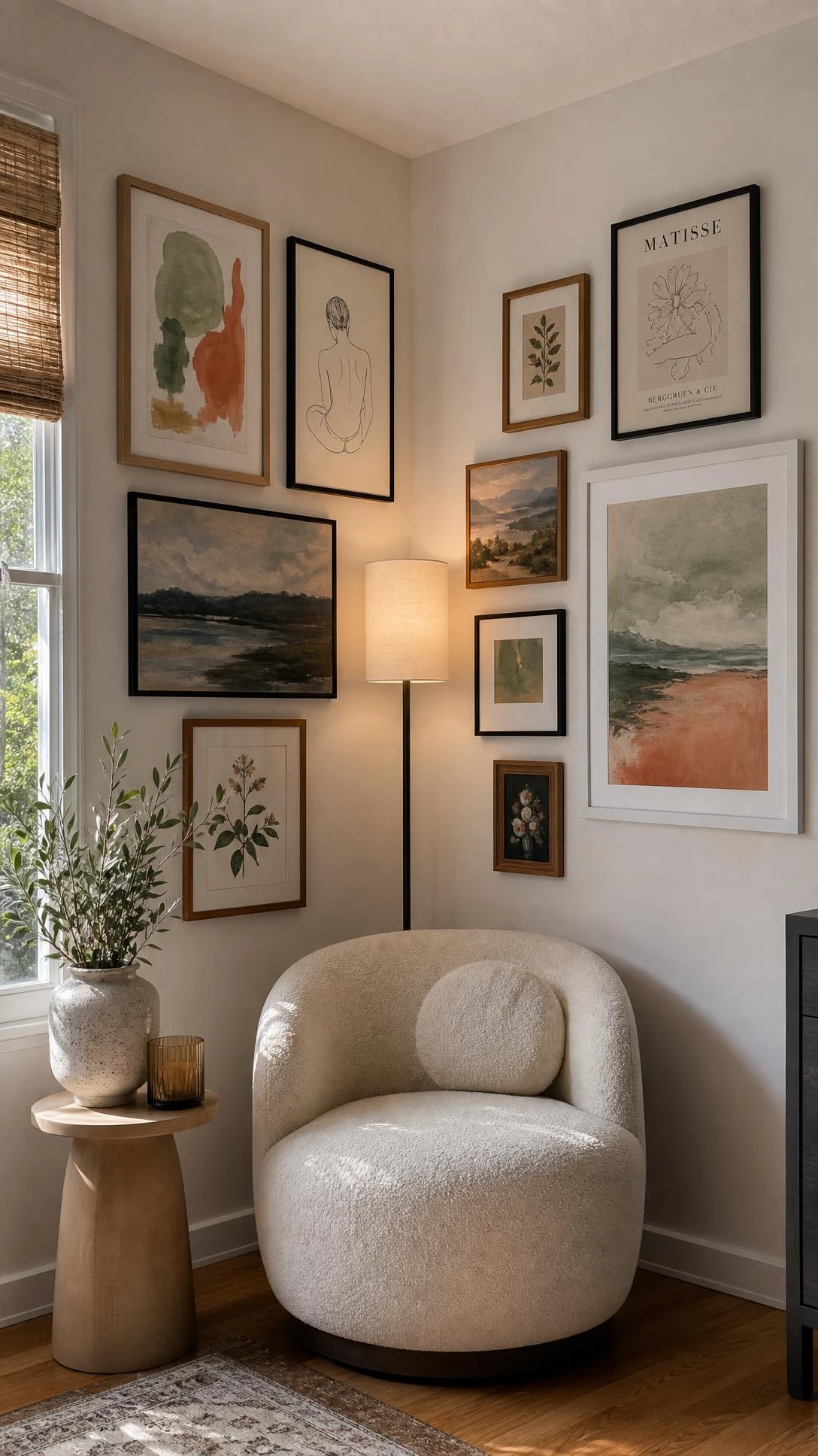 Living room corner gallery wall wrapping across two walls with black metal, oak, and white frames in varied sizes for a curated art display