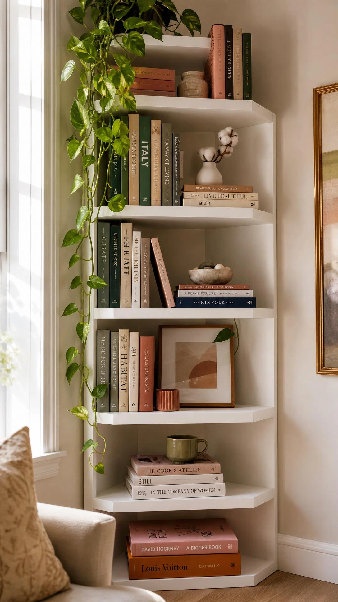 White floor-to-ceiling corner shelves styled with books and small objects, turning an empty living room corner into a functional display