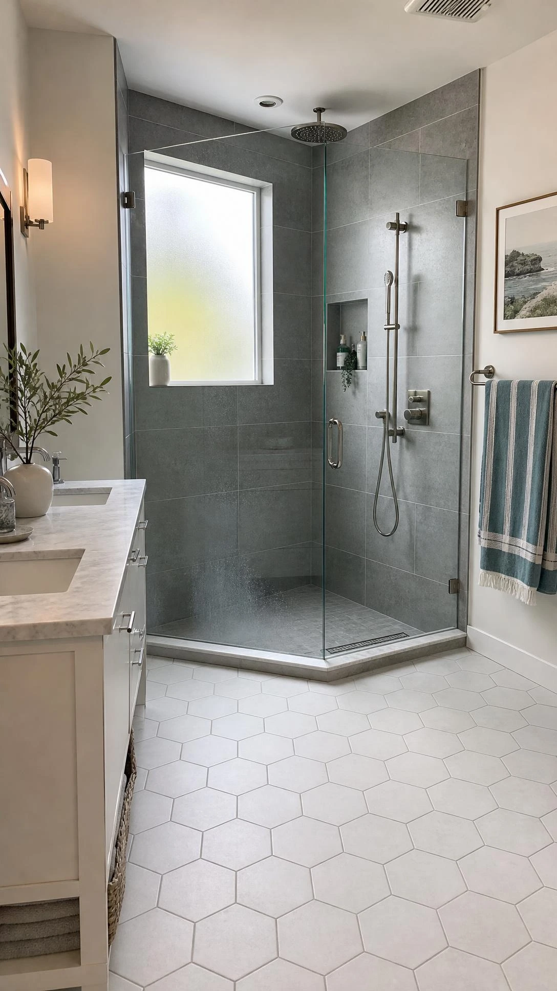 Diagonal corner shower with frameless glass panels and large-format grey porcelain tiles maximising central floor space in a family bathroom