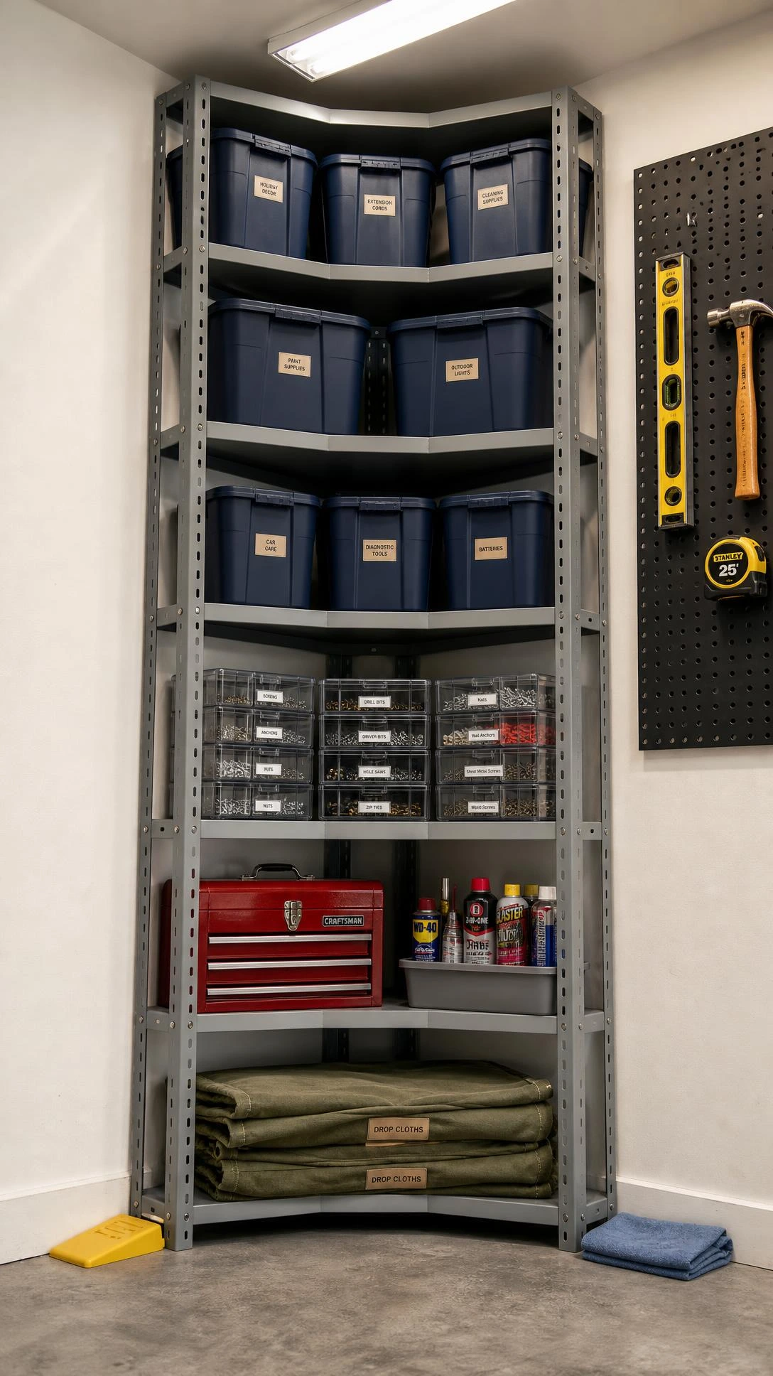 Floor-to-ceiling corner shelving unit in a small garage maximizing vertical storage space with light gray steel shelves holding organized garage supplies