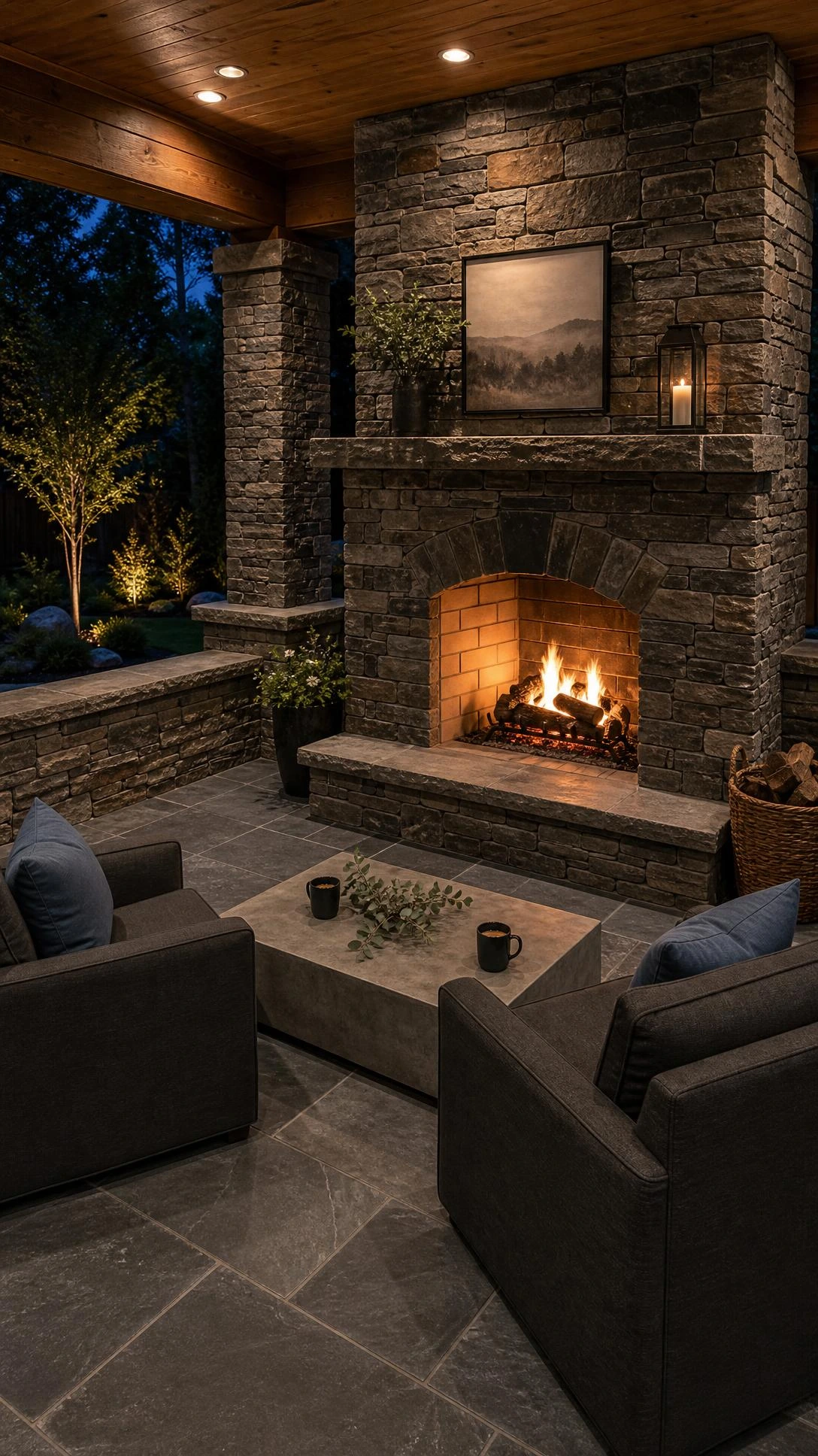 Covered patio with a floor-to-ceiling stacked fieldstone fireplace in charcoal and taupe tones, showing how matching stonework unifies an outdoor living space