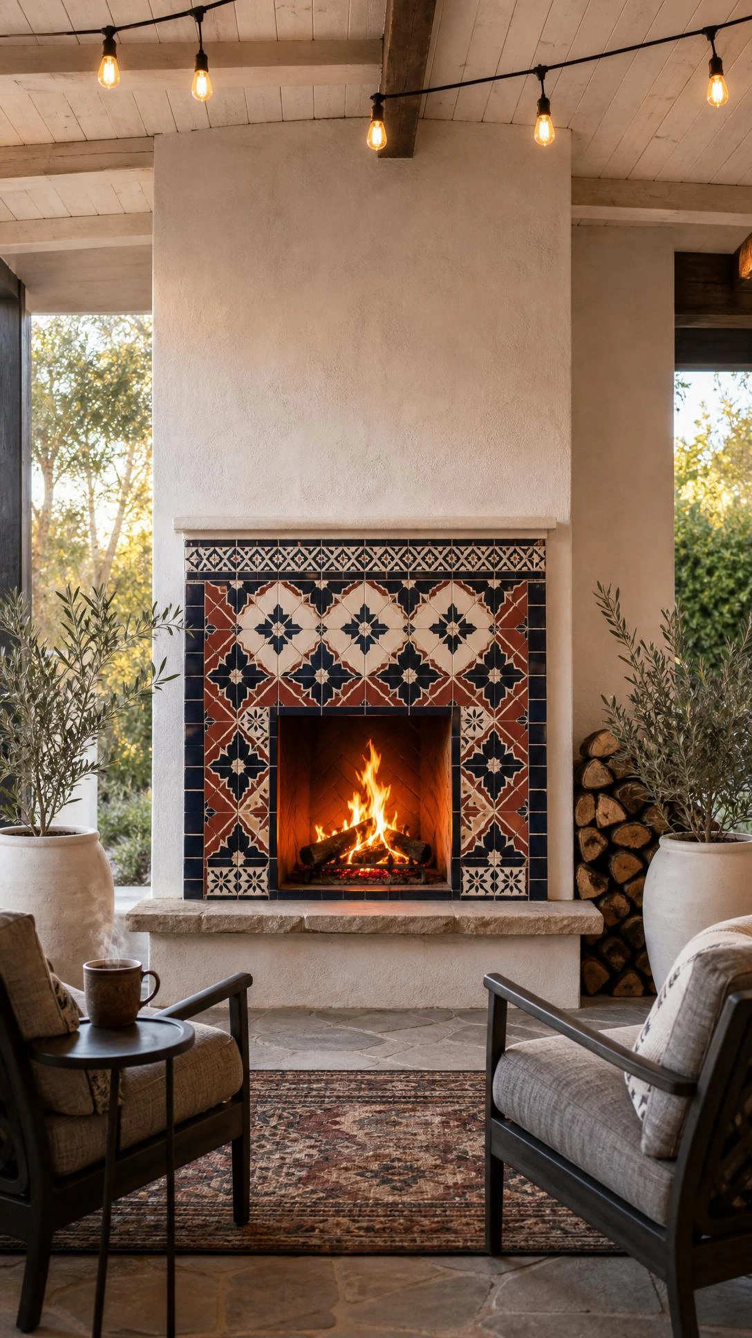 Covered patio fireplace with a Moroccan-inspired tile surround in navy, white, and terracotta, glowing in warm late-afternoon light beneath a pergola structure