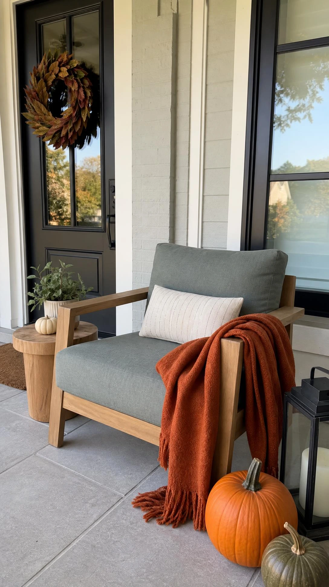 Cozy front porch chair with a draped throw blanket, side table, and subtle autumn accents for inviting fall porch decorating ideas