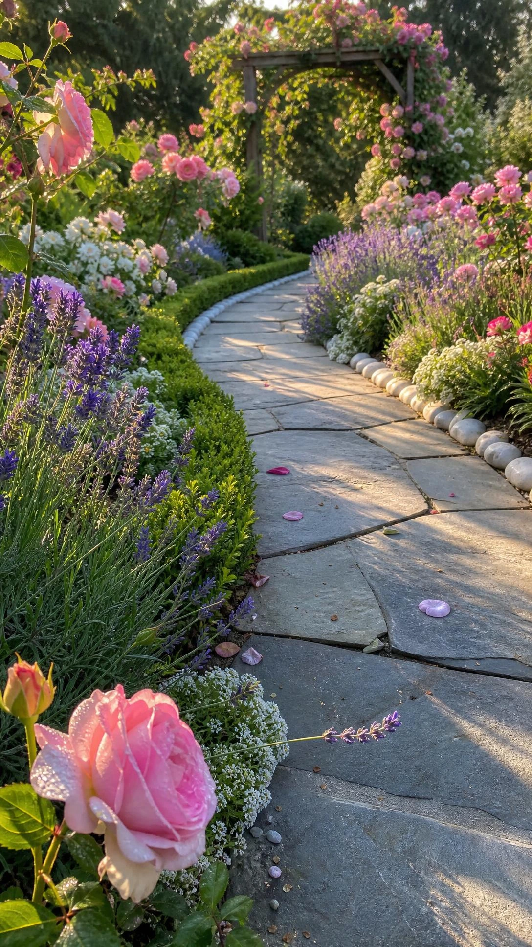 Winding stepping stone path curving through a lush residential flower garden, showing how a garden path creates structure and flow between colorful beds