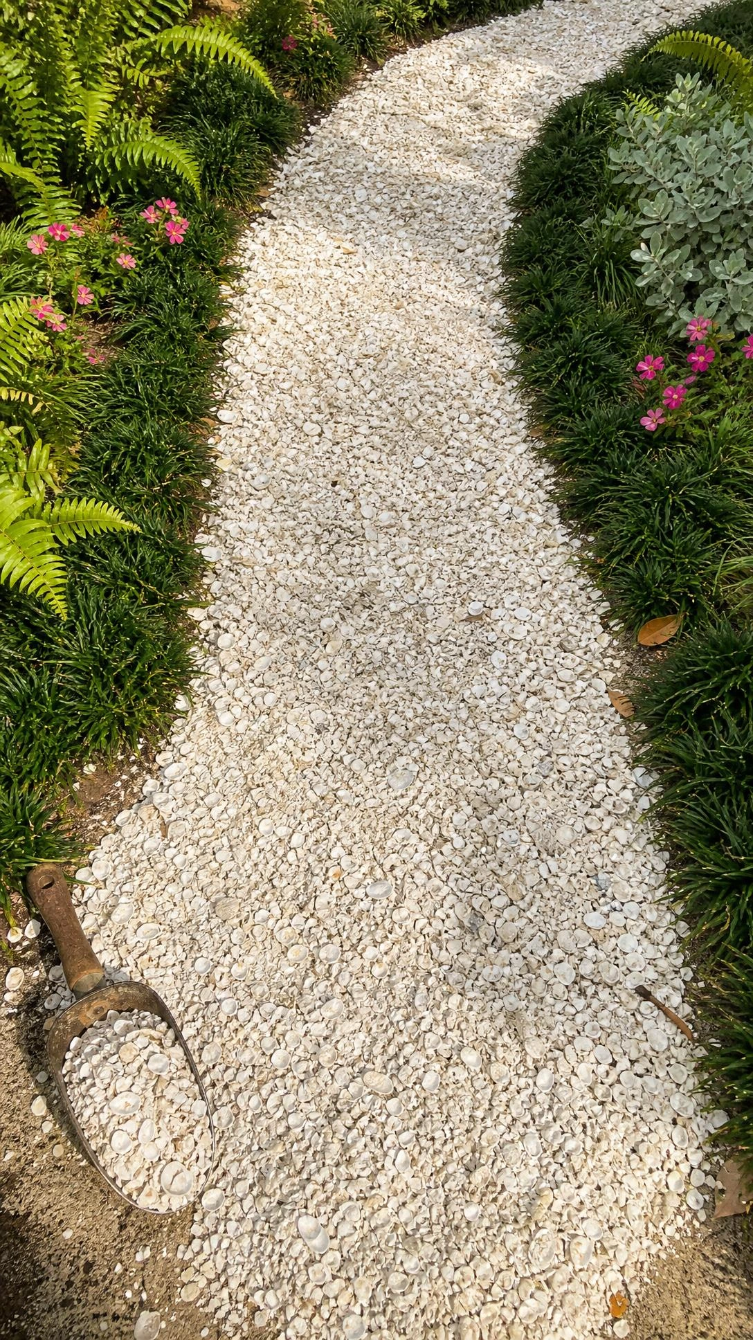 Overhead view of a creamy white crushed shell pathway winding through a lush Florida backyard garden, a low-maintenance mulch alternative for high-traffic areas