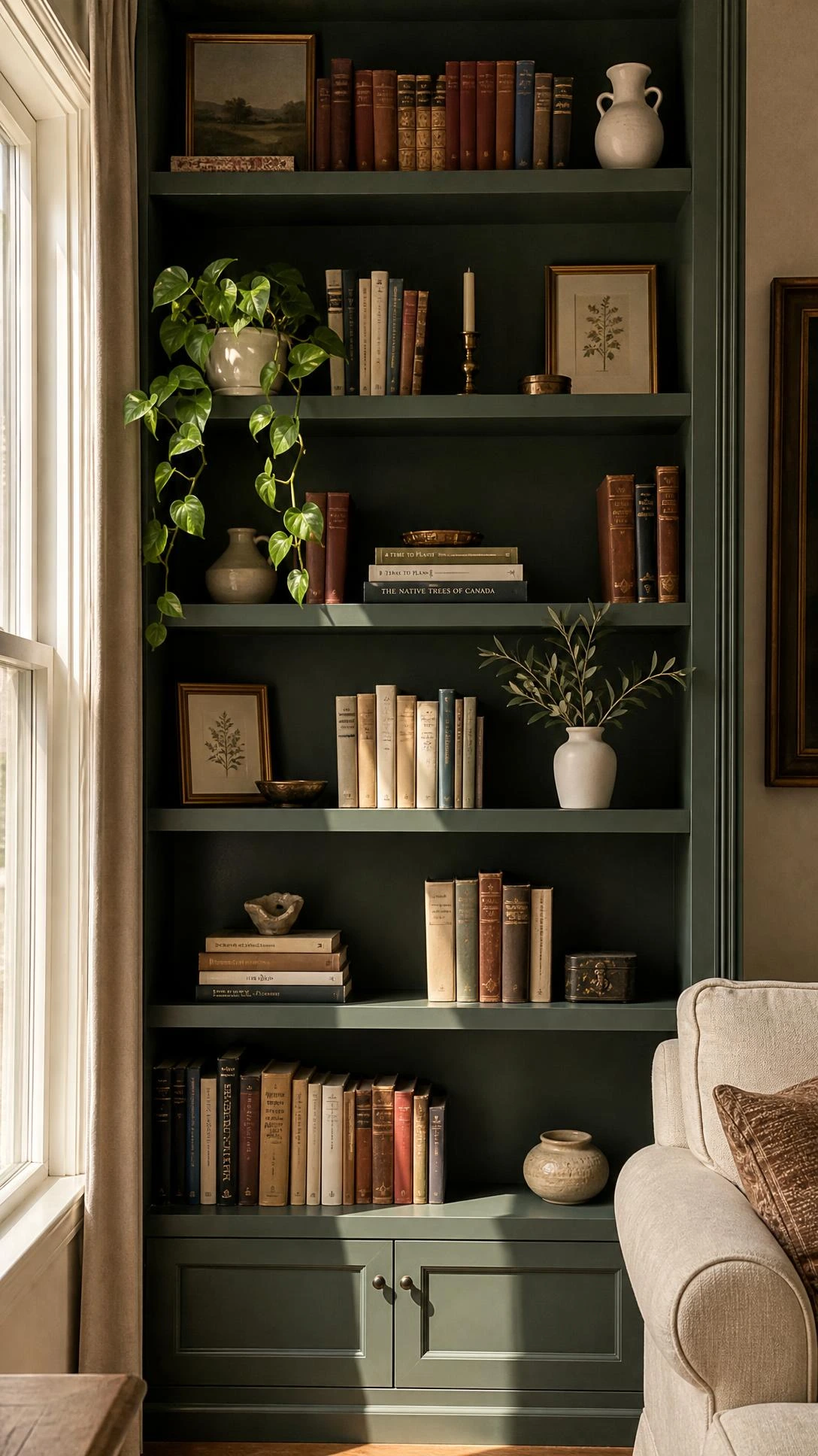 Floor-to-ceiling built-in bookshelf painted forest green, styled with curated book clusters and sculptural objects as a luxury drawing room focal point