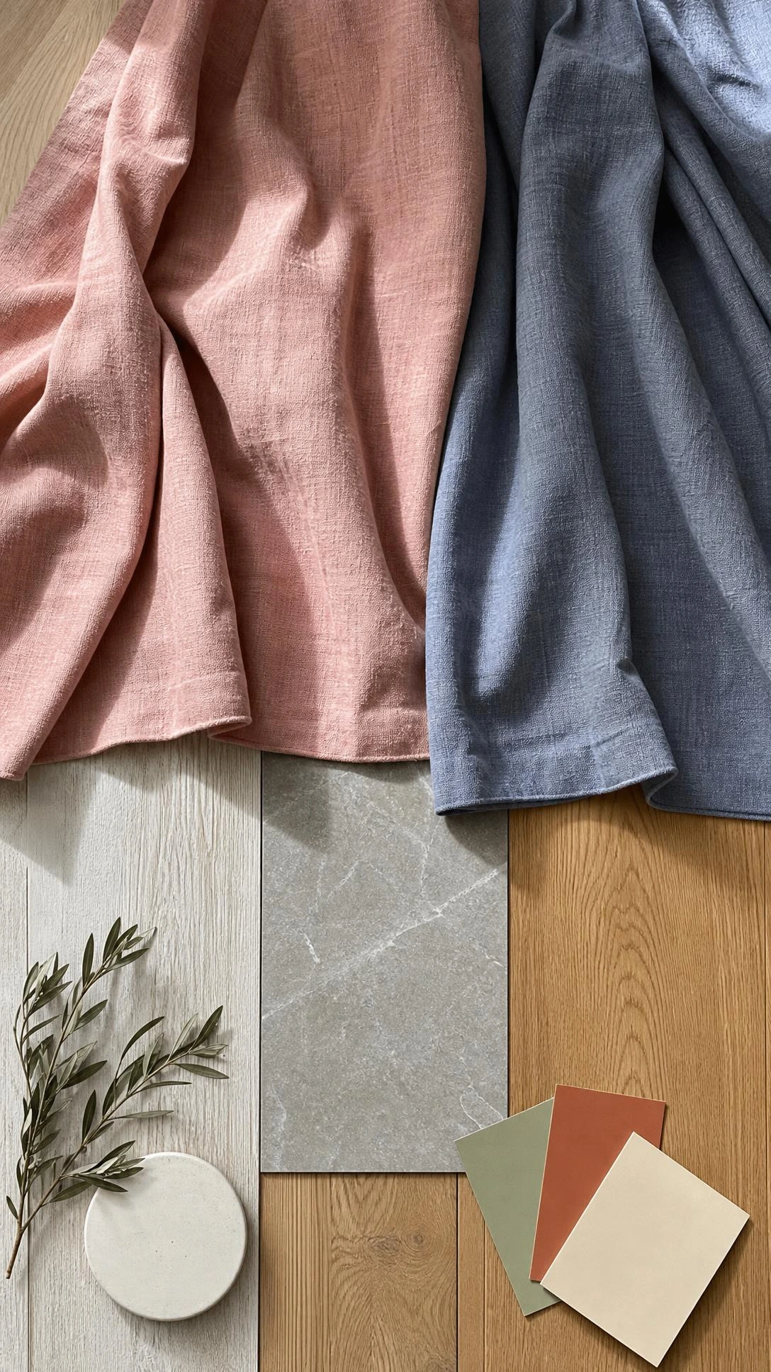 Overhead flat lay of dusty rose and slate blue curtain panels laid across warm wooden floors, showing how curtain color either clashes or harmonizes with flooring tones