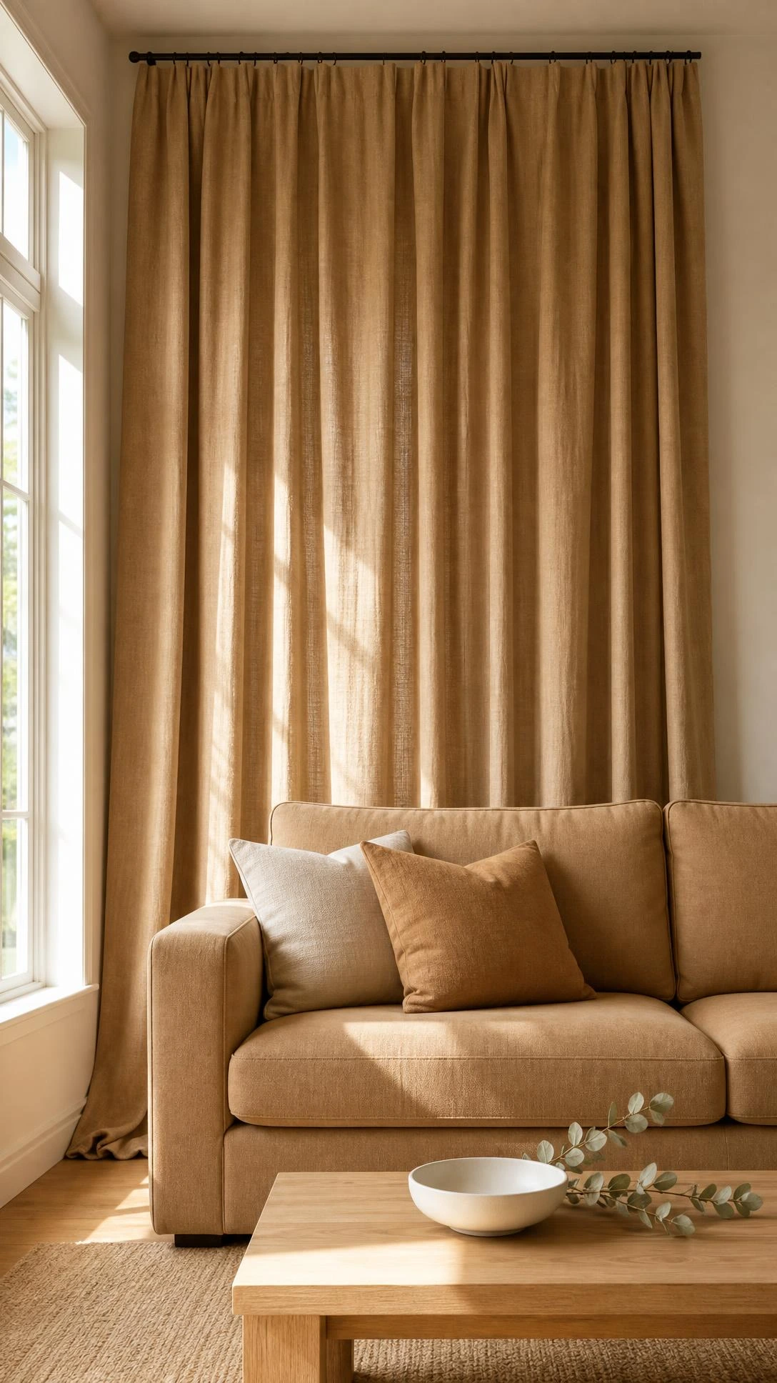 Floor-to-ceiling caramel-tan curtains matching the sofa too closely, demonstrating the curtain color mistake that flattens a living room's visual depth