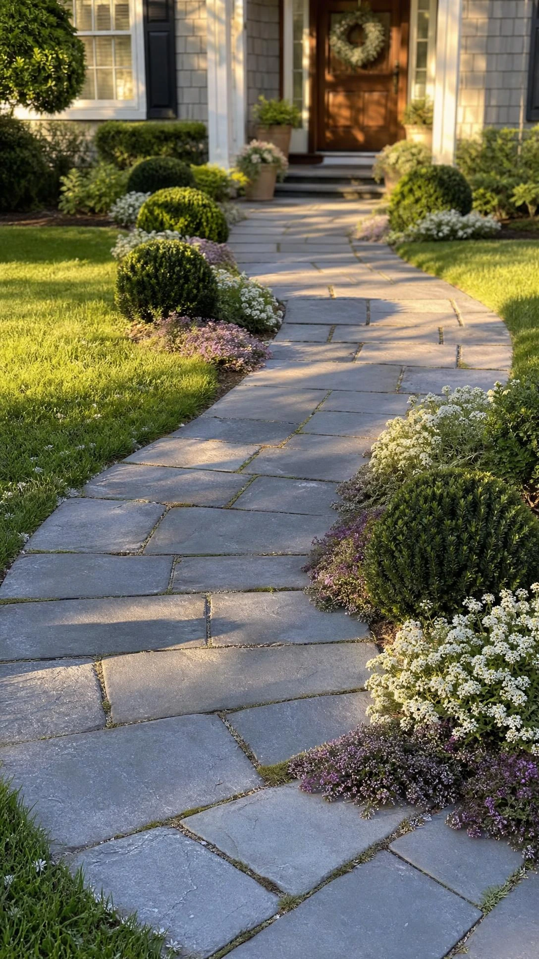 Curved bluestone paver walkway with moss-edged joints winding toward a warm wooden front door, showing how a graceful front walkway landscaping path builds welcoming curb appeal