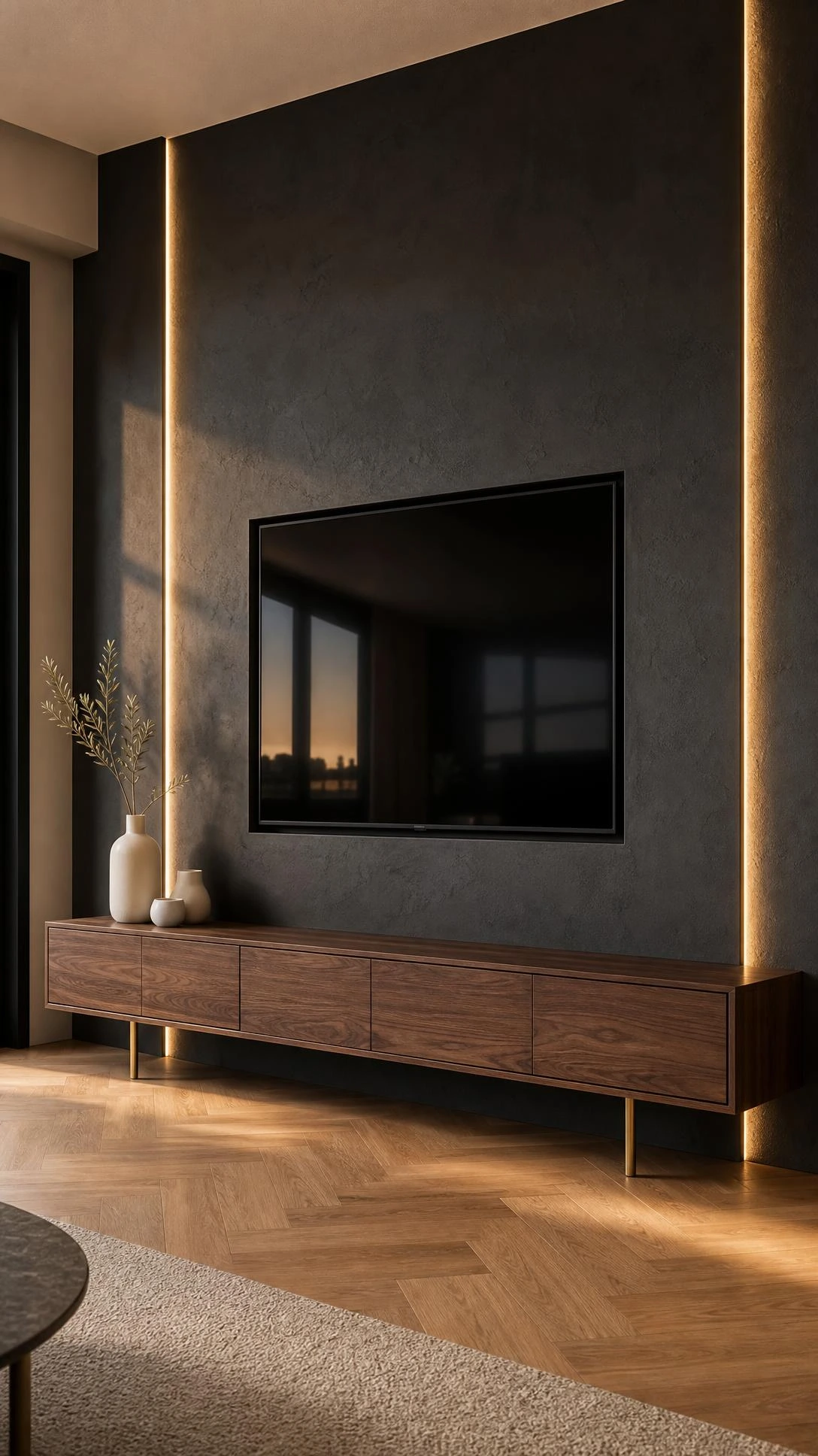 Deep charcoal matte TV feature wall with recessed flush mount in a modern living room, showing clean rectangular niche and concrete texture detail