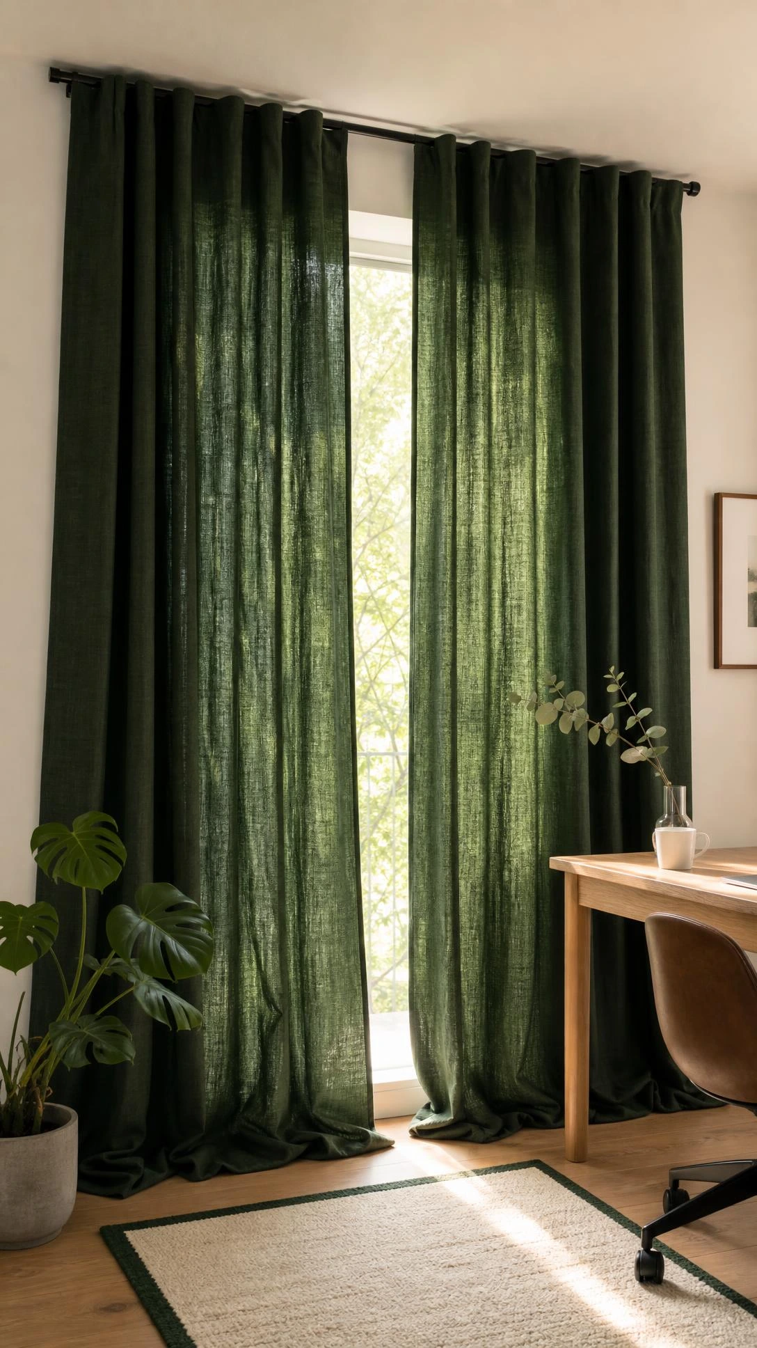 Floor-to-ceiling forest green linen curtains on matte black rods add depth and softness to a bright home office window